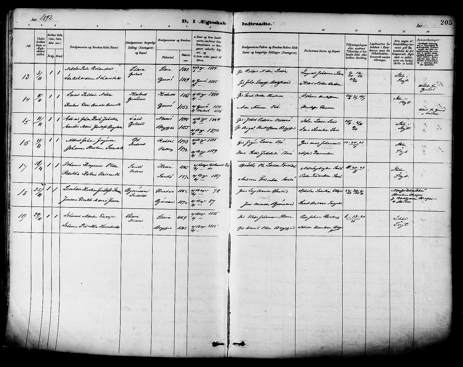 Ministerialprotokoller, klokkerbøker og fødselsregistre - Nordland, SAT/A-1459/880/L1133: Ministerialbok nr. 880A07, 1888-1898, s. 205