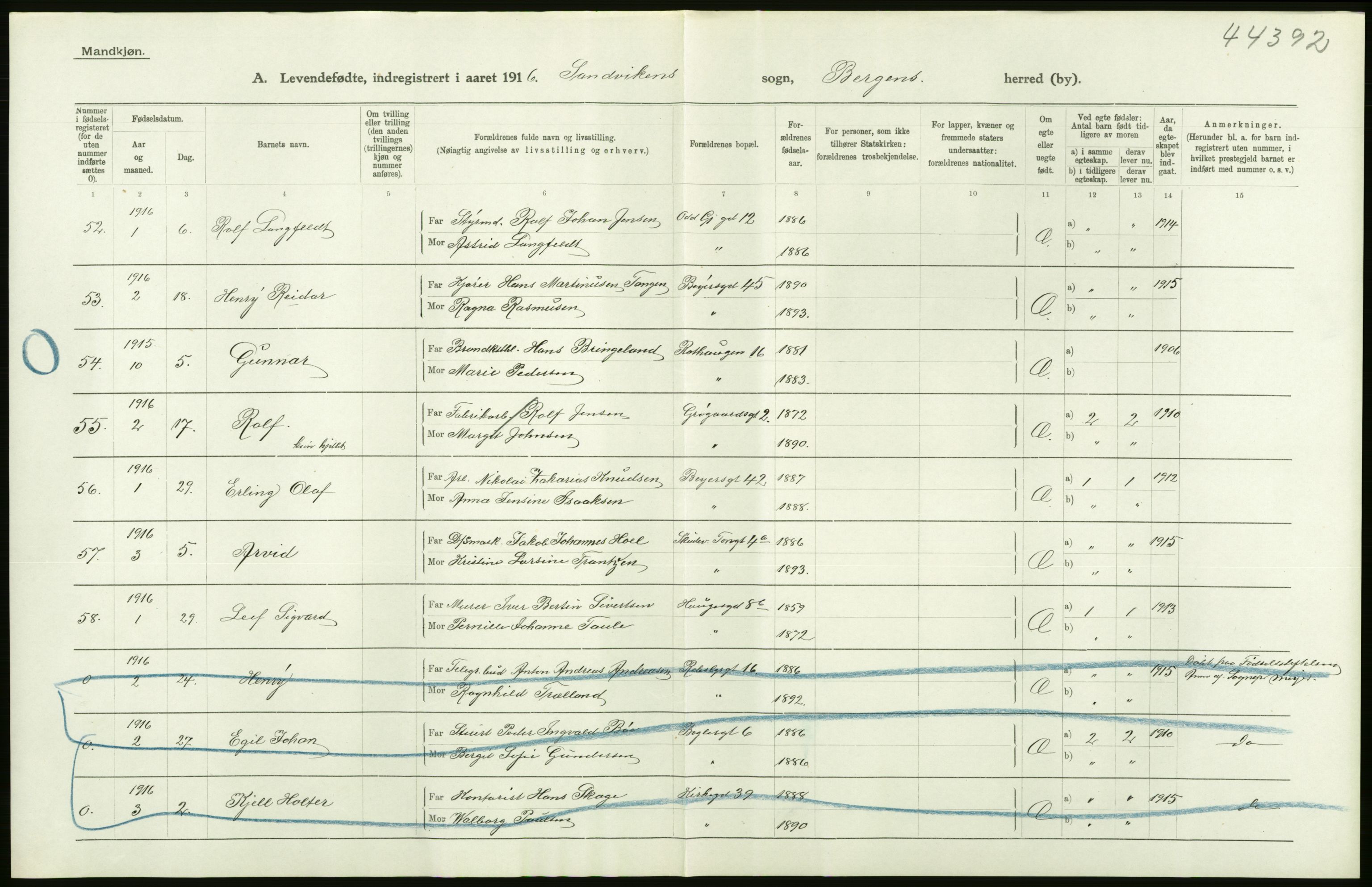 Statistisk sentralbyrå, Sosiodemografiske emner, Befolkning, AV/RA-S-2228/D/Df/Dfb/Dfbf/L0037: Bergen: Levendefødte menn og kvinner., 1916, s. 16