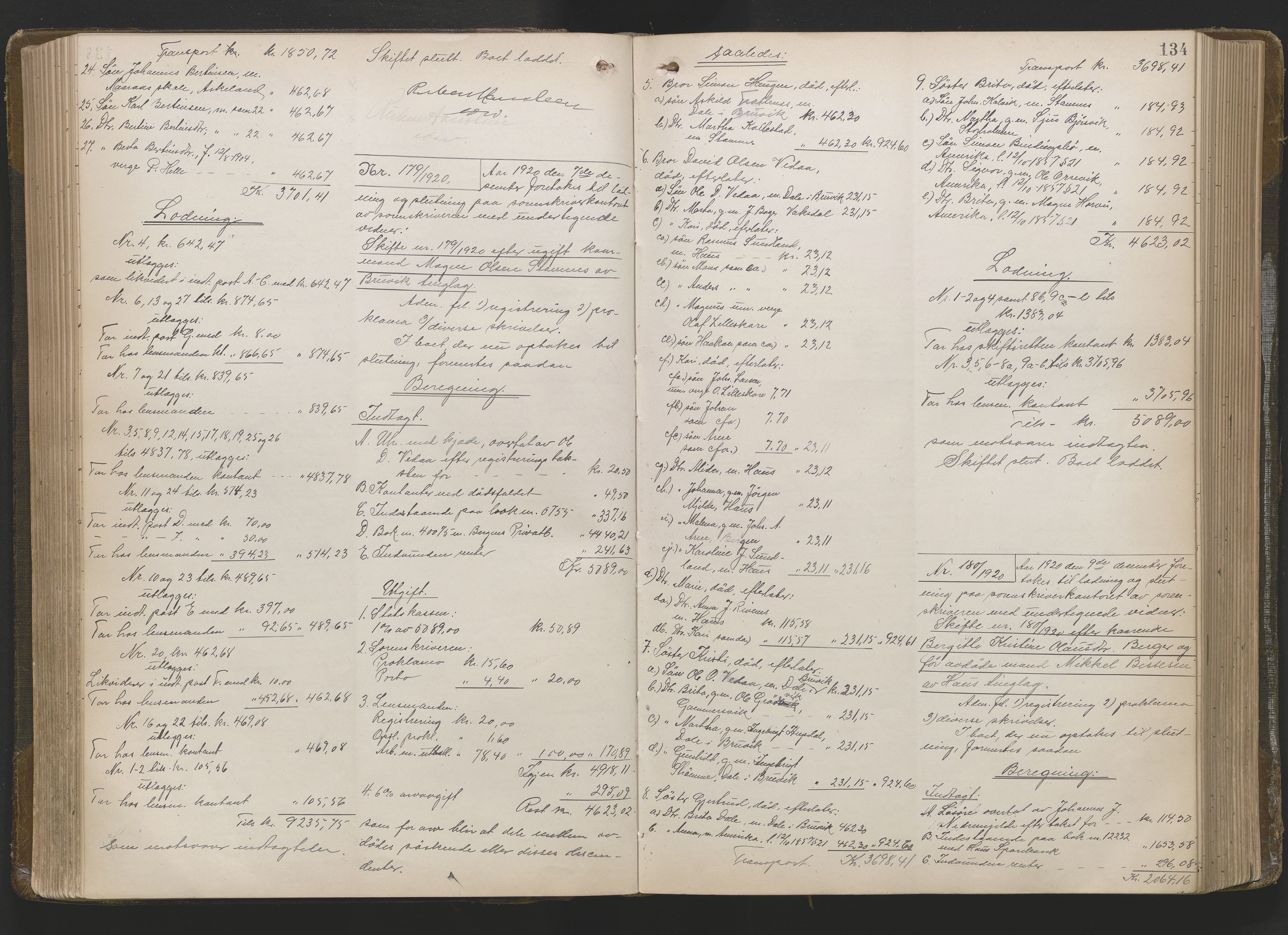 Nordhordland sorenskrivar, AV/SAB-A-2901/1/H/Hd/Hda/L0014: Skifteutlodningsprotokollar, 1918-1925, s. 134