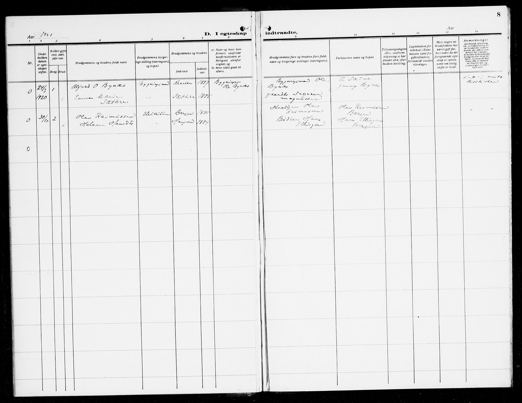 Fana Sokneprestembete, AV/SAB-A-75101/H/Haa/Haak/L0001: Ministerialbok nr. K 1, 1920-1931, s. 8