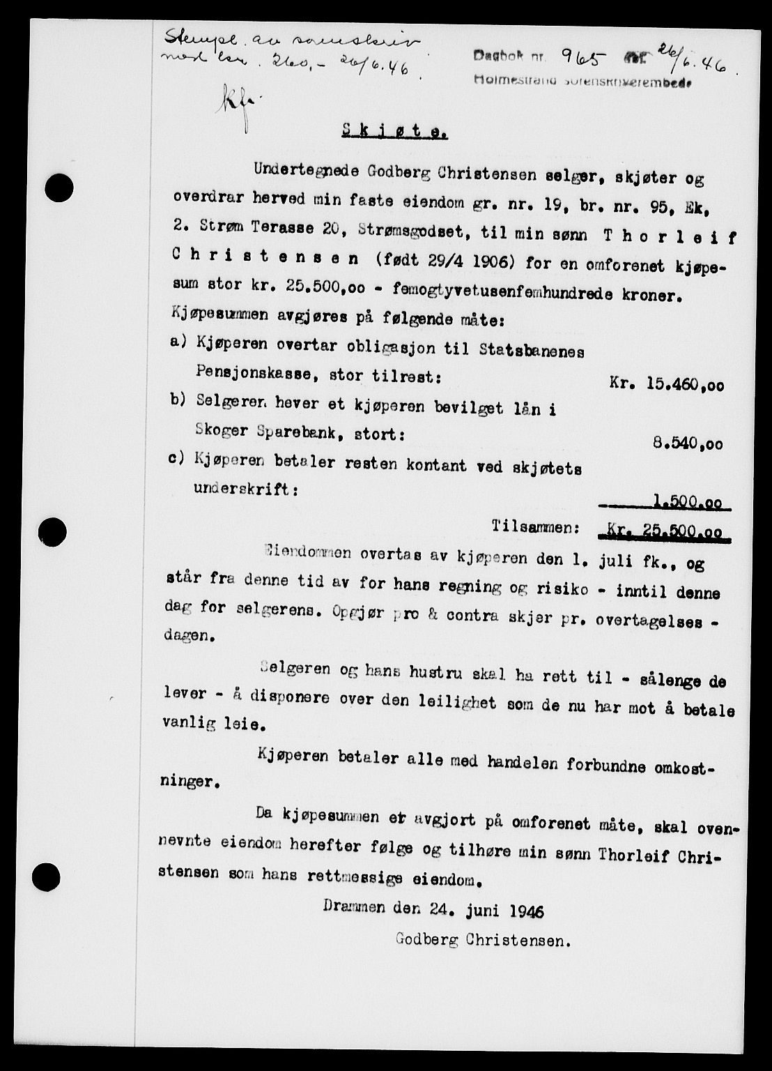 Holmestrand sorenskriveri, SAKO/A-67/G/Ga/Gaa/L0060: Pantebok nr. A-60, 1946-1946, Dagboknr: 965/1946