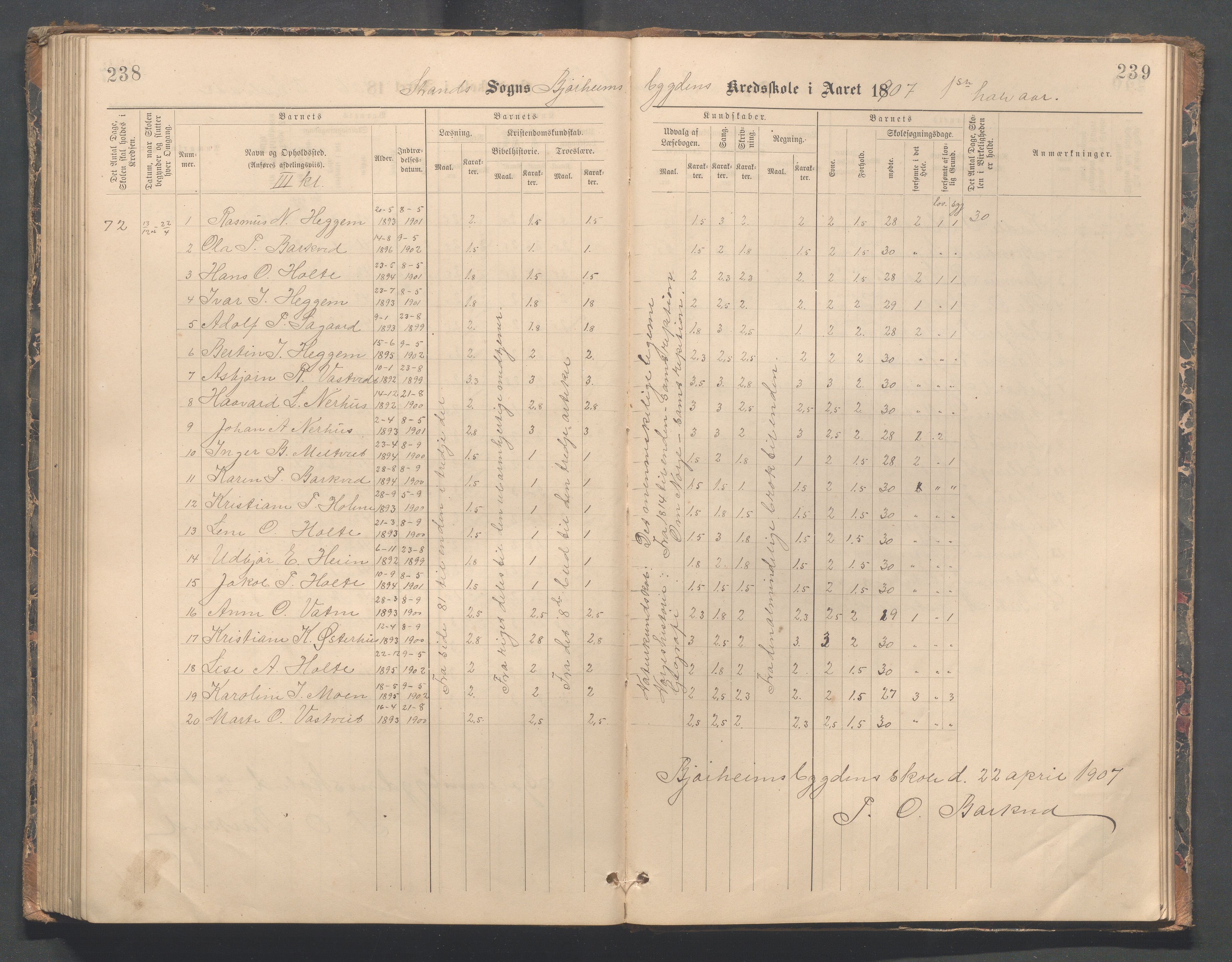 Strand kommune - Bjørheimsbygd skole, IKAR/A-147/H/L0002: Skoleprotokoll for Bjørheimsbygd og Lekvam krets, 1891-1907, s. 238-239