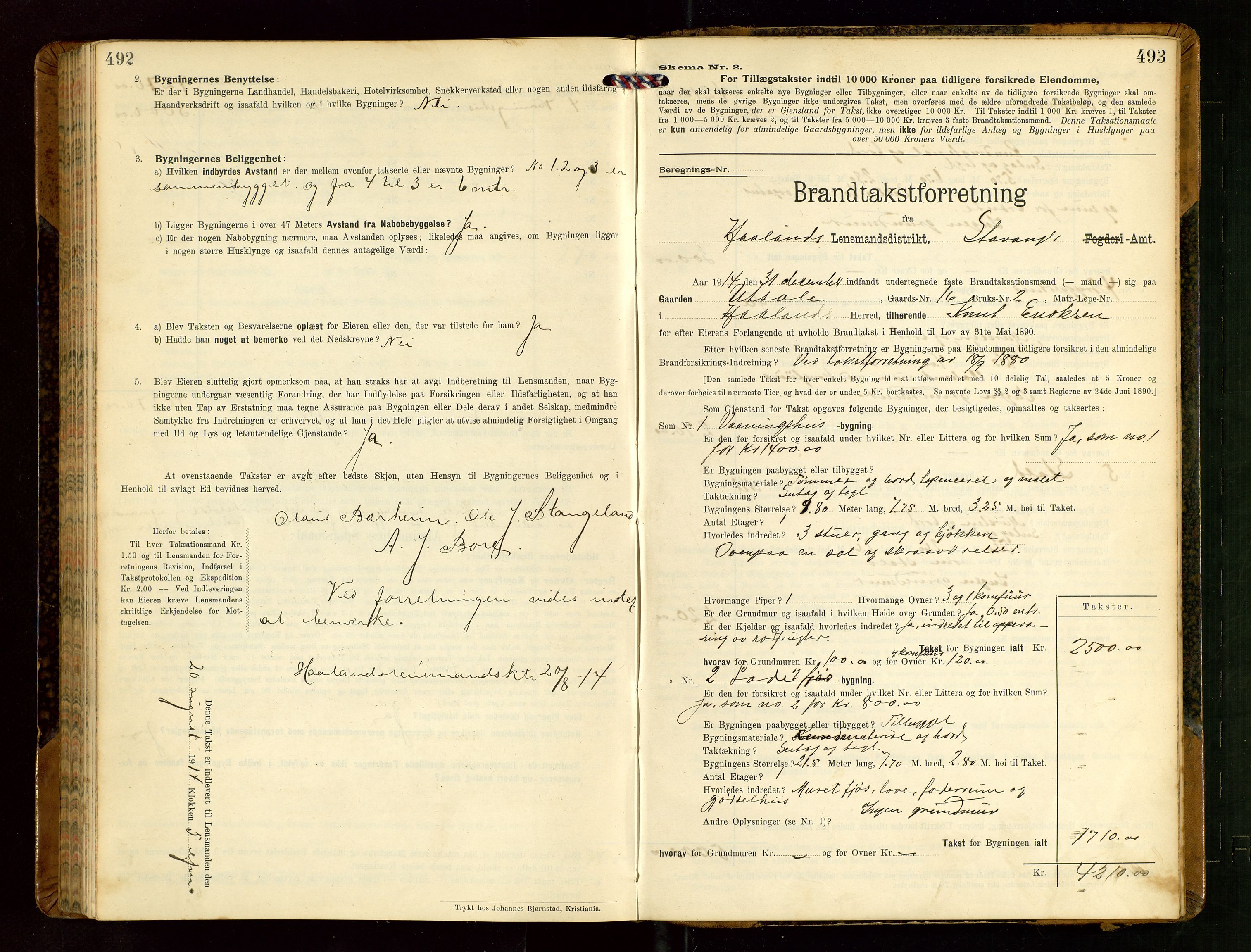 Håland lensmannskontor, AV/SAST-A-100100/Gob/L0004: Branntakstprotokoll - skjematakst. Register i boken., 1913-1915, s. 492-493