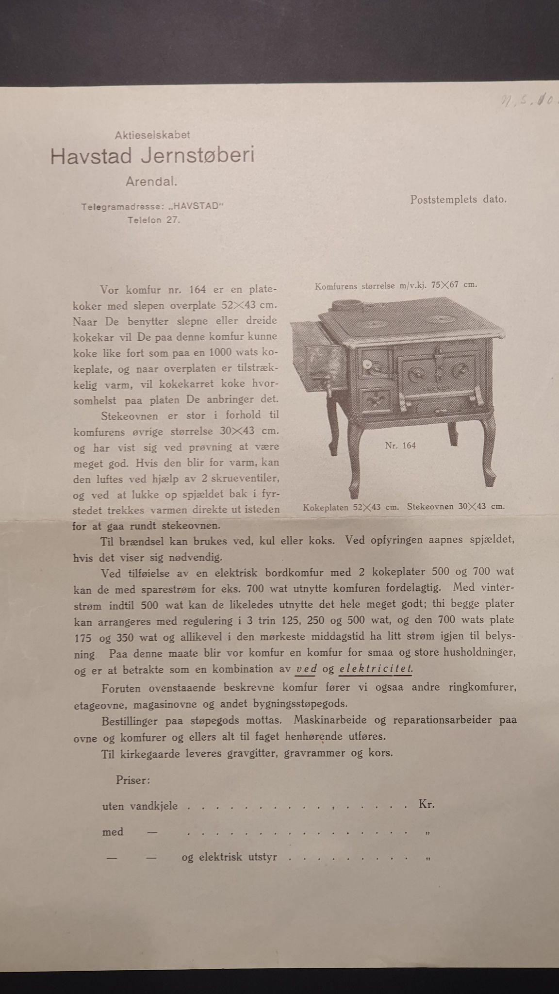 Næs Jernverksmuseets samling av historiske ovnskataloger, NESJ/NJM-006/01/L0053: Havstad Jernstøberi Arendal, Komfur nr. 164, uten år, 1920-1931