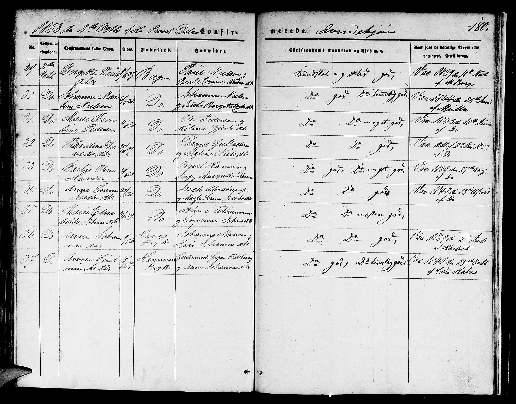 Domkirken sokneprestembete, SAB/A-74801/H/Hab/L0022: Klokkerbok nr. C 2, 1839-1854, s. 180
