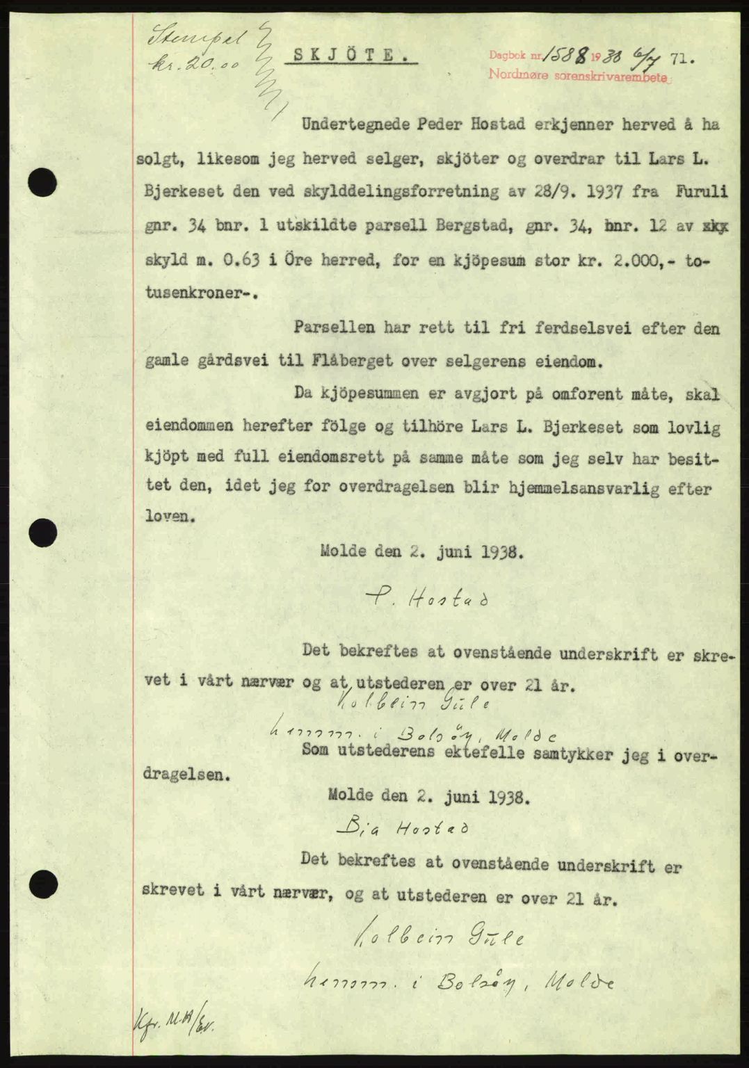 Nordmøre sorenskriveri, SAT/A-4132/1/2/2Ca: Pantebok nr. A84, 1938-1938, Dagboknr: 1588/1938