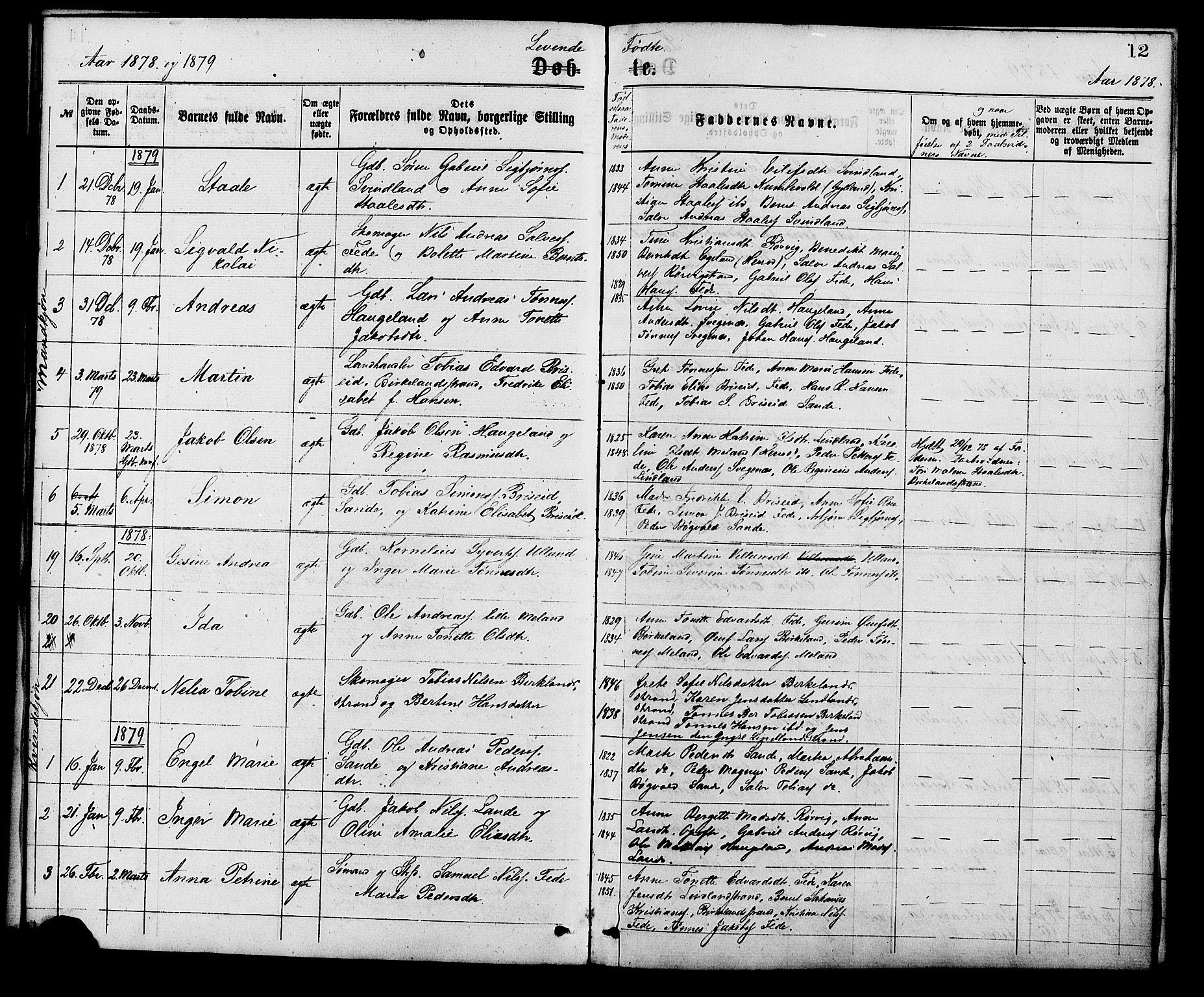 Kvinesdal sokneprestkontor, AV/SAK-1111-0026/F/Fa/Faa/L0003: Ministerialbok nr. A 3, 1877-1882, s. 12