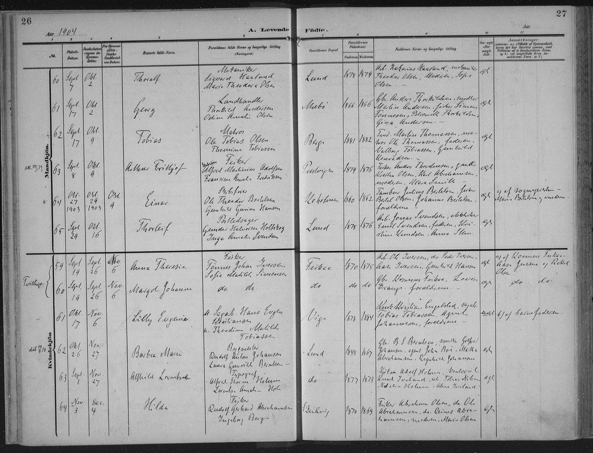 Oddernes sokneprestkontor, AV/SAK-1111-0033/F/Fa/Faa/L0011: Ministerialbok nr. A 11, 1904-1911, s. 26-27