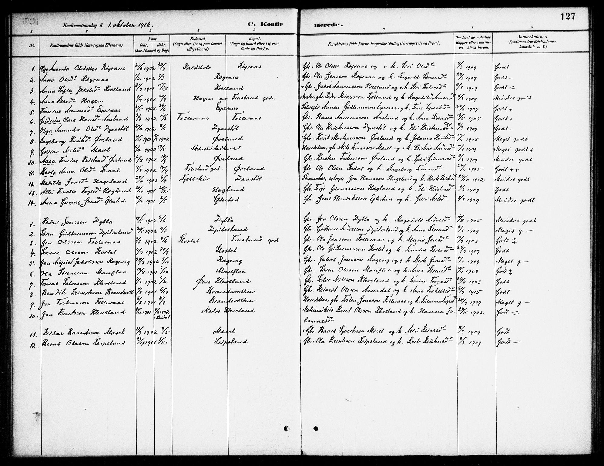 Bjelland sokneprestkontor, AV/SAK-1111-0005/F/Fa/Fab/L0004: Ministerialbok nr. A 4, 1887-1920, s. 127