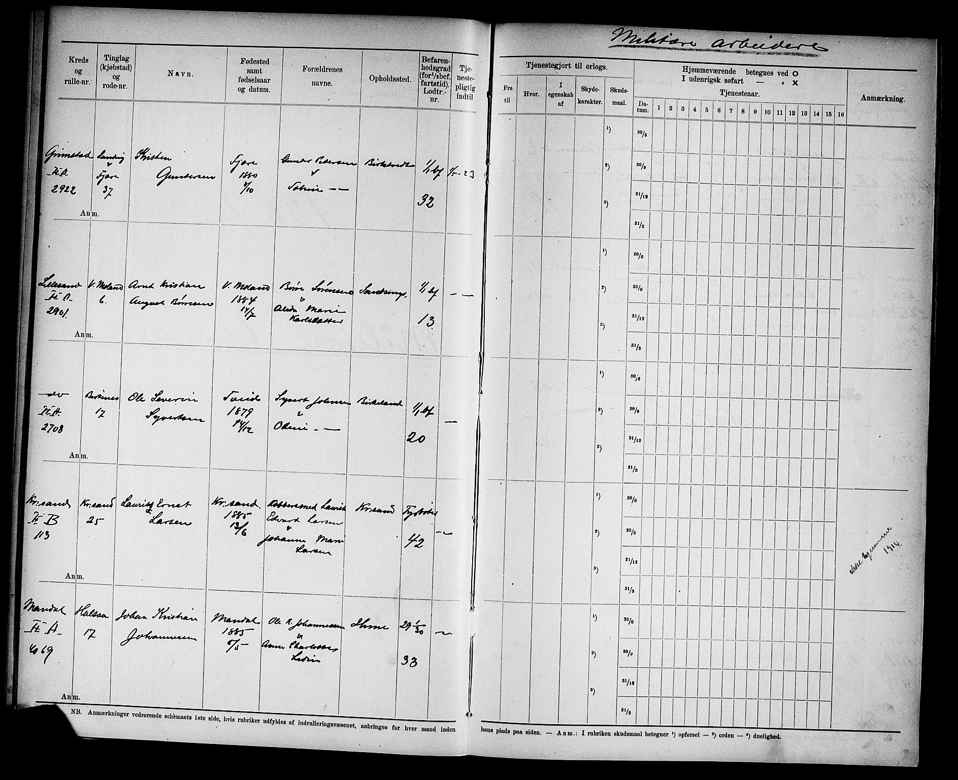 Kristiansand mønstringskrets, AV/SAK-2031-0015/F/Fd/L0009: Rulle sjøvernepliktige, C-9, 1907, s. 37