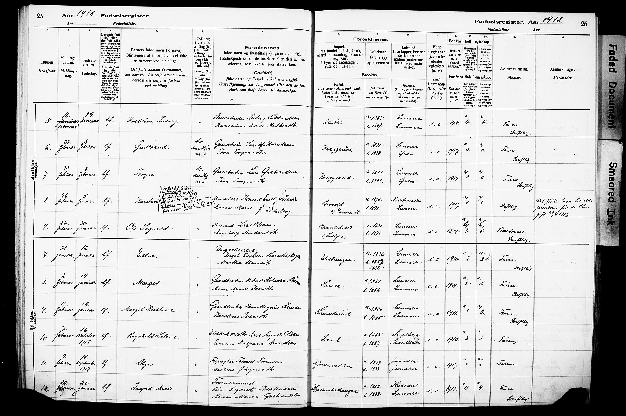 Lunner prestekontor, SAH/PREST-118/I/Id/L0001: Fødselsregister nr. 1, 1916-1932, s. 25