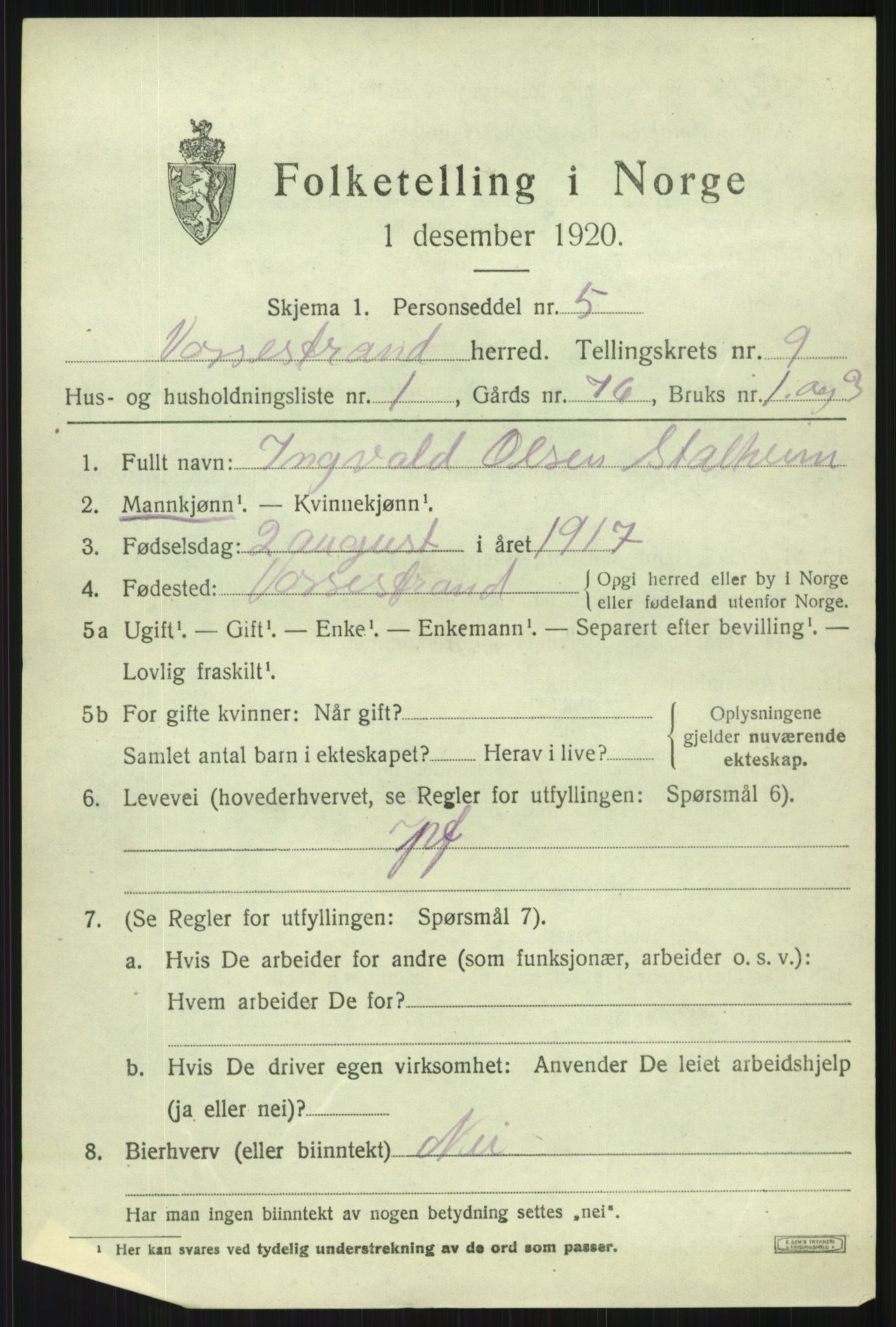 SAB, Folketelling 1920 for 1236 Vossestrand herred, 1920, s. 3908