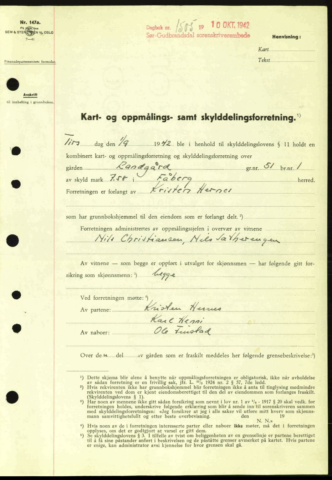 Sør-Gudbrandsdal tingrett, SAH/TING-004/H/Hb/Hbd/L0011: Pantebok nr. A11, 1942-1943, Dagboknr: 1505/1942