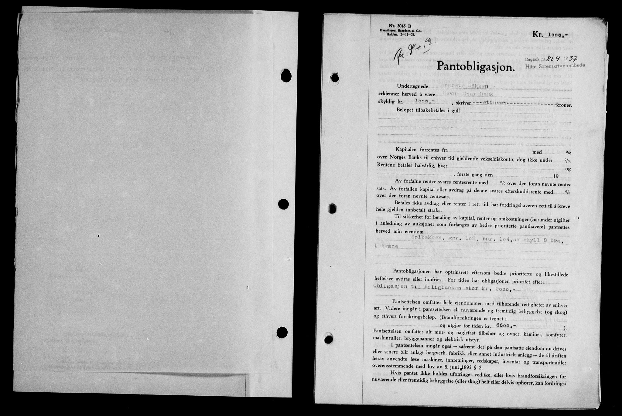 Hitra sorenskriveri, AV/SAT-A-0018/2/2C/2Ca/L0028: Pantebok nr. B-1, 1936-1939, Dagboknr: 804/1937