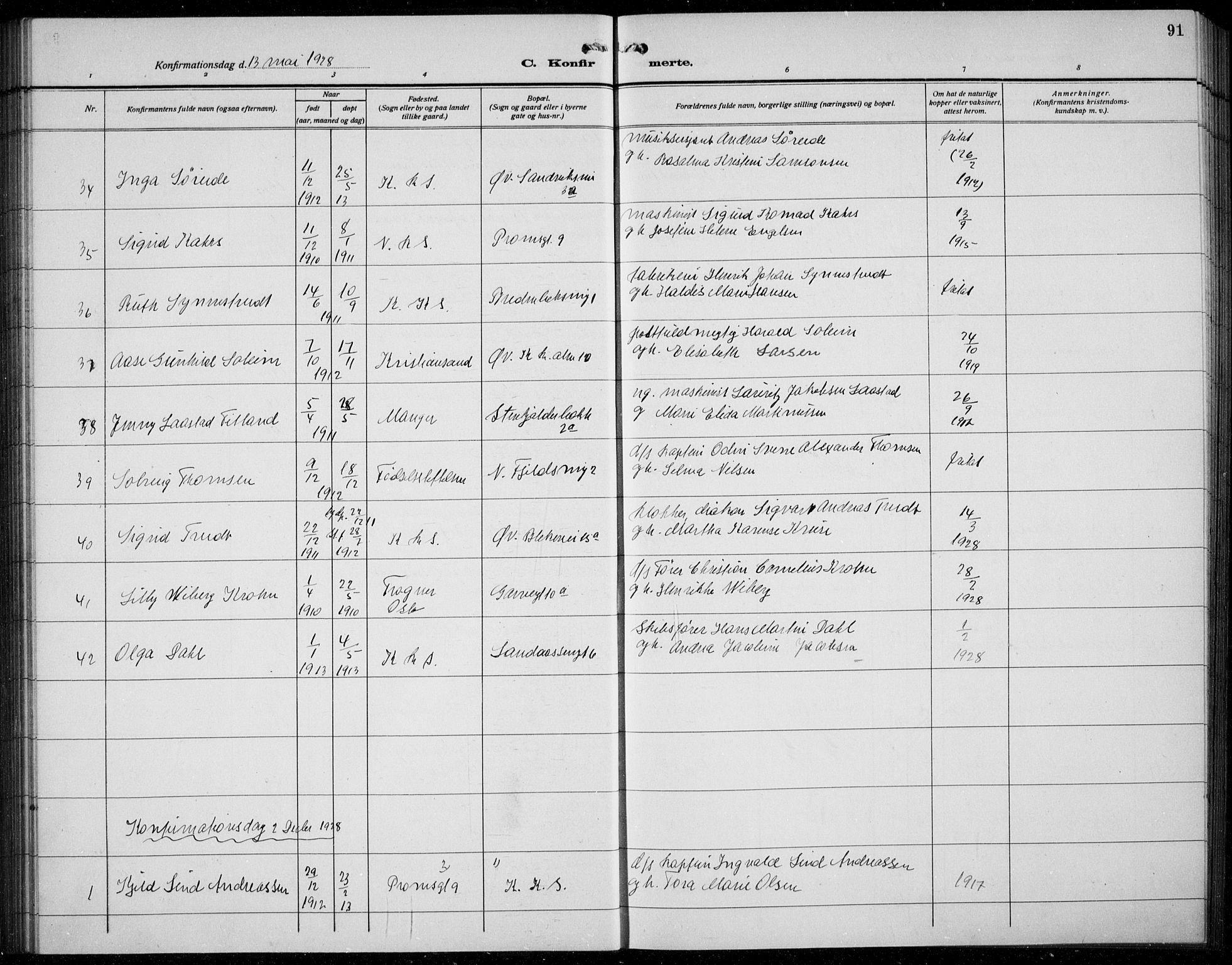 Korskirken sokneprestembete, AV/SAB-A-76101/H/Hab: Klokkerbok nr. C 6, 1918-1941, s. 91