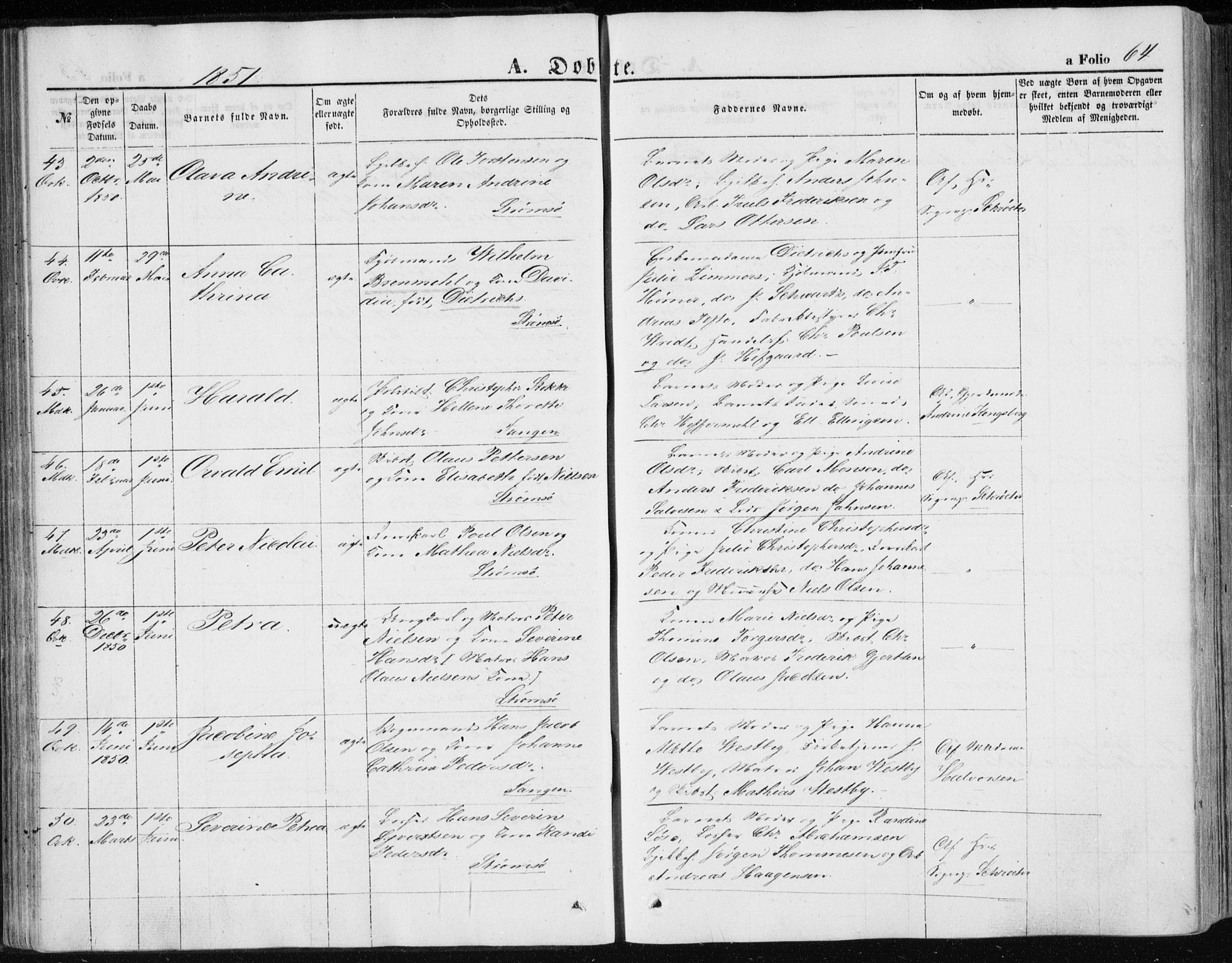 Strømsø kirkebøker, AV/SAKO-A-246/F/Fa/L0014: Ministerialbok nr. I 14, 1848-1858, s. 64