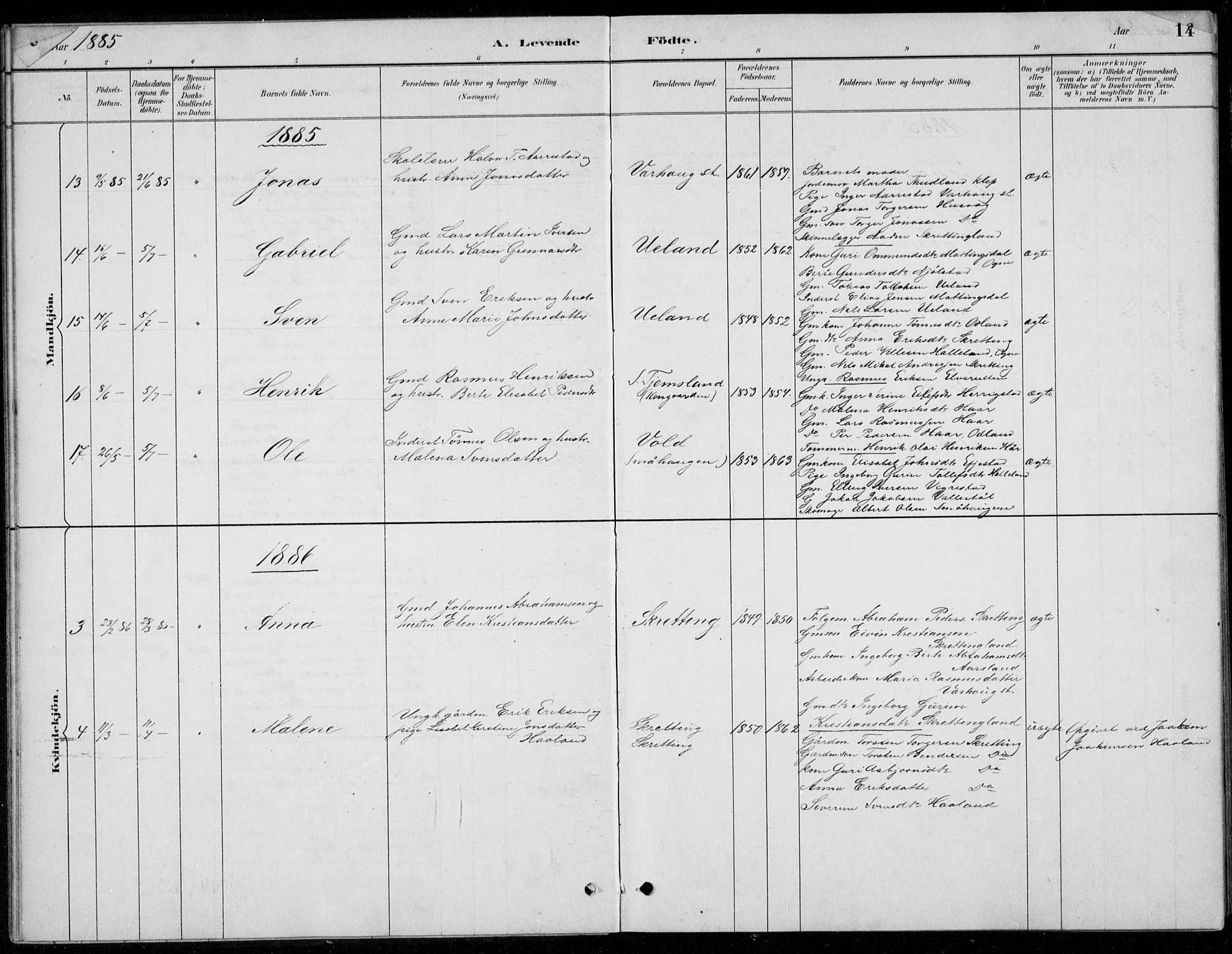 Hå sokneprestkontor, AV/SAST-A-101801/001/30BB/L0004: Klokkerbok nr. B 4, 1883-1899, s. 14