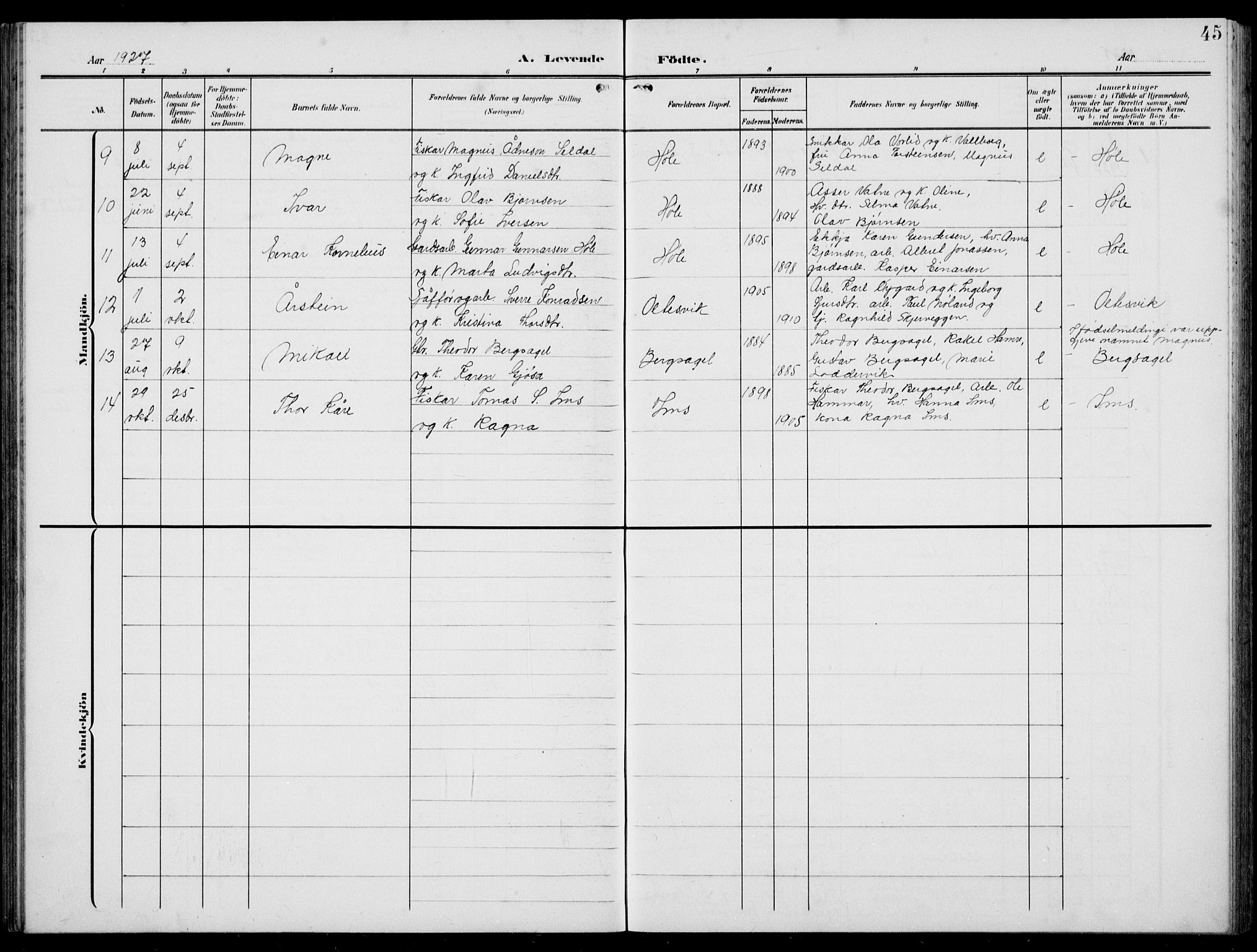 Høgsfjord sokneprestkontor, AV/SAST-A-101624/H/Ha/Hab/L0004: Klokkerbok nr. B 4, 1906-1938, s. 45