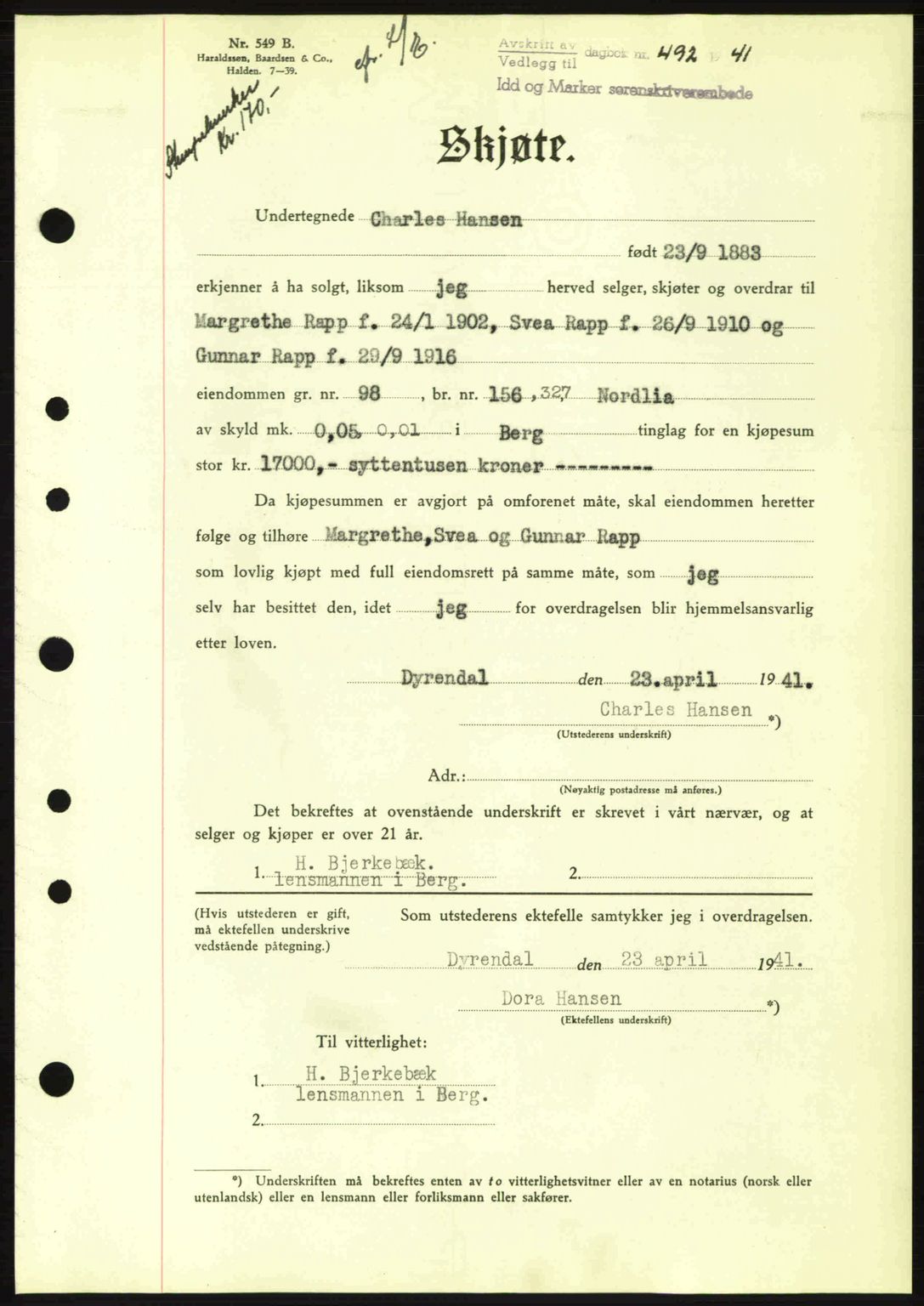 Idd og Marker sorenskriveri, AV/SAO-A-10283/G/Gb/Gbb/L0004: Pantebok nr. A4, 1940-1941, Dagboknr: 492/1941