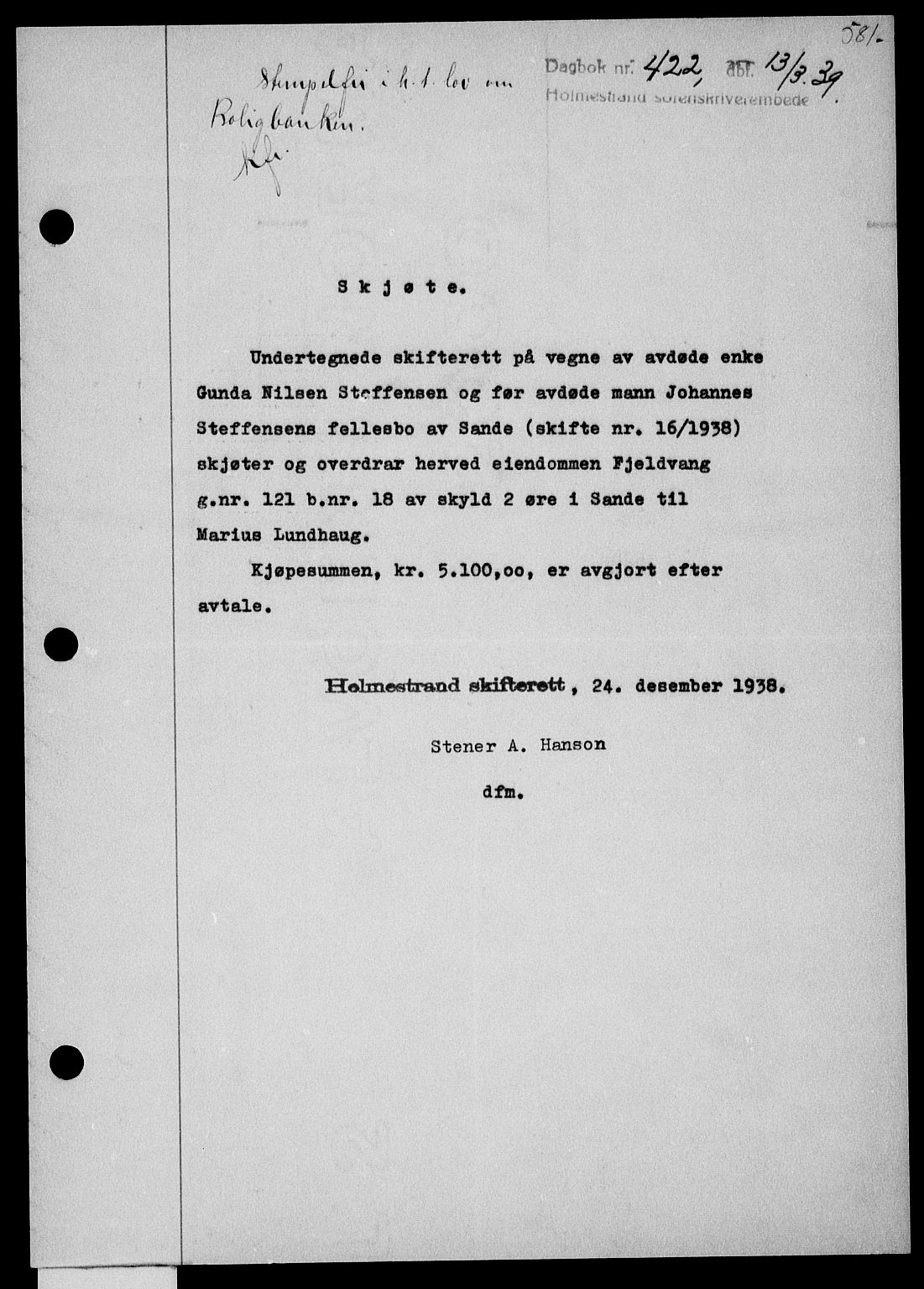 Holmestrand sorenskriveri, SAKO/A-67/G/Ga/Gaa/L0050: Pantebok nr. A-50, 1938-1939, Dagboknr: 422/1939