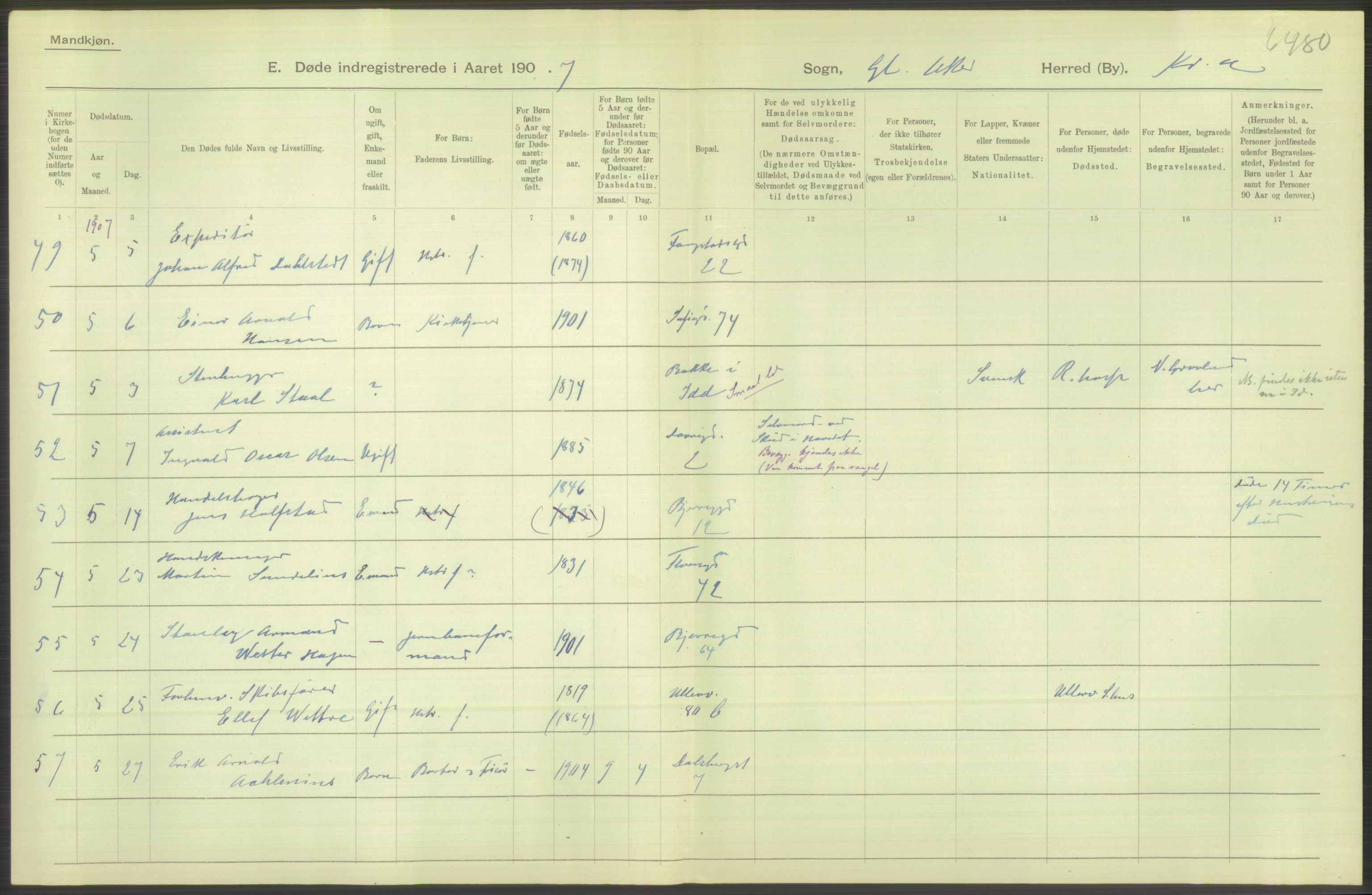 Statistisk sentralbyrå, Sosiodemografiske emner, Befolkning, RA/S-2228/D/Df/Dfa/Dfae/L0010: Kristiania: Døde, dødfødte, 1907, s. 582