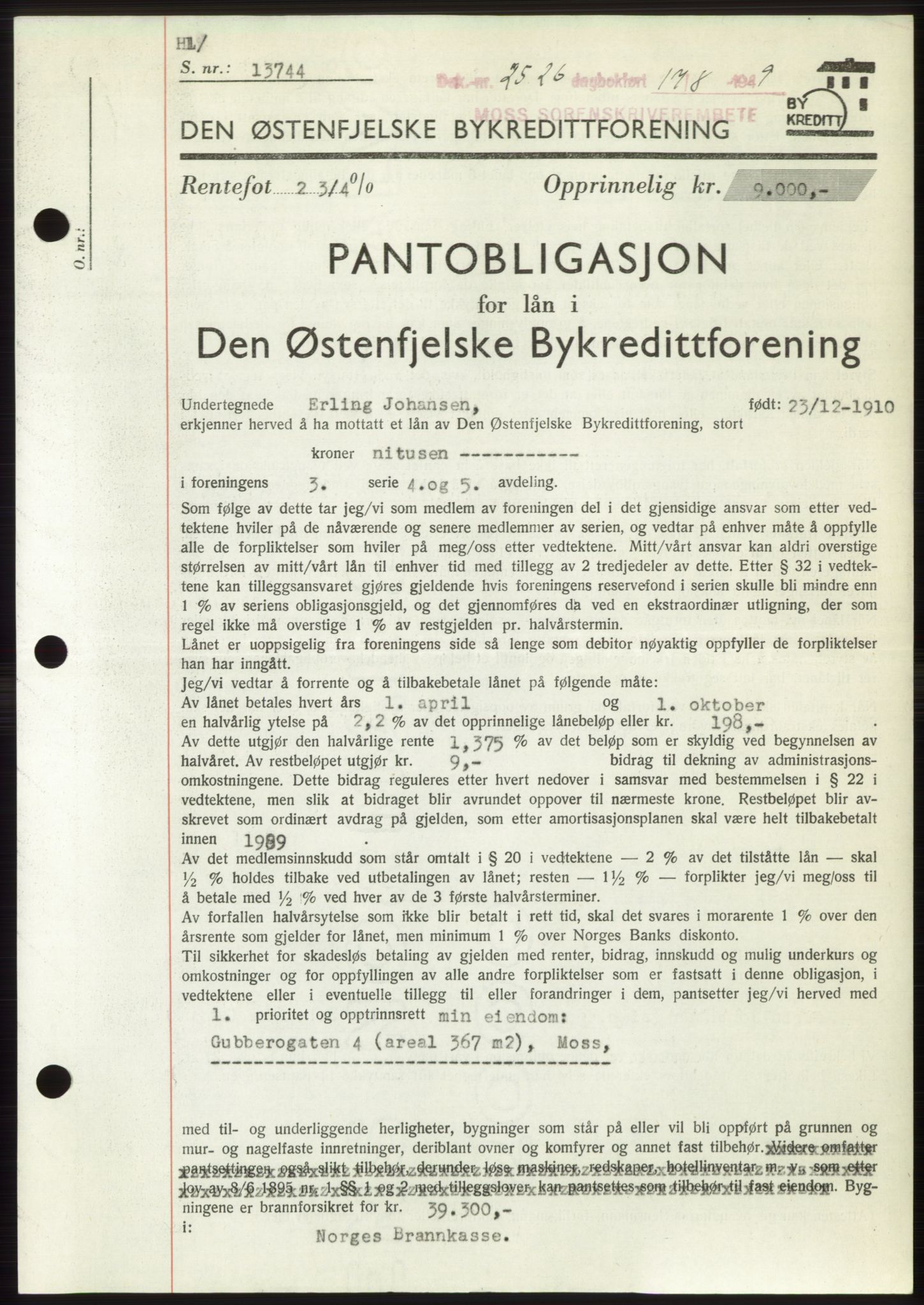 Moss sorenskriveri, SAO/A-10168: Pantebok nr. B22, 1949-1949, Dagboknr: 2526/1949