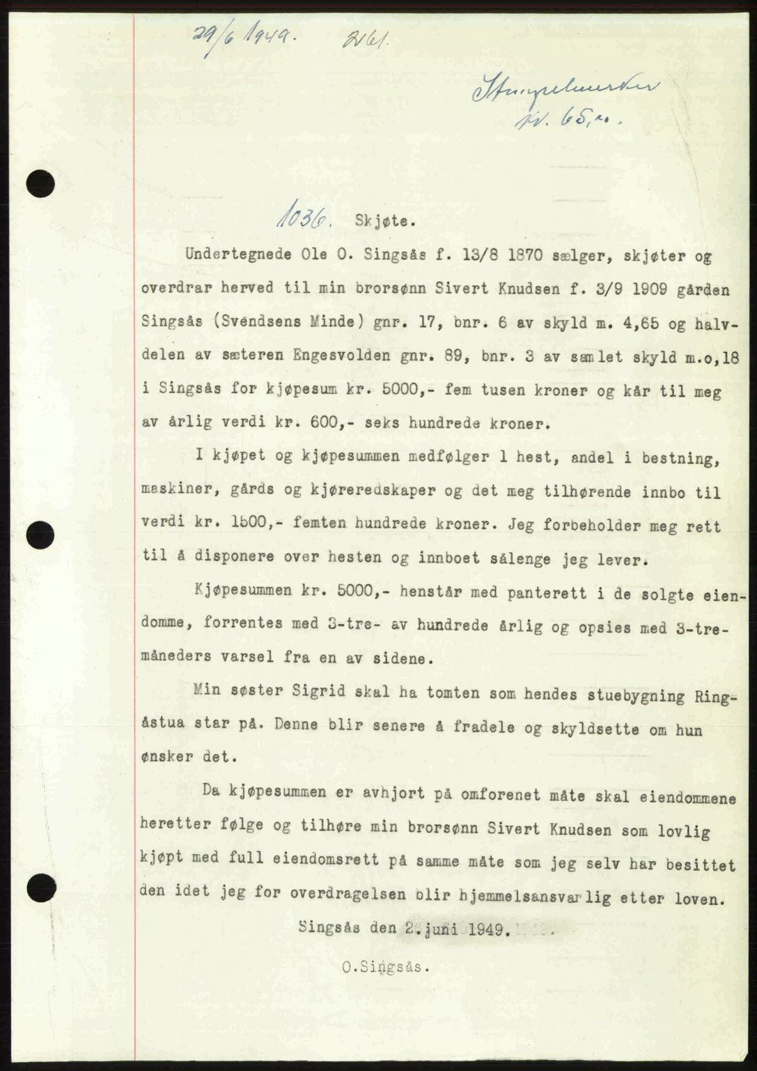 Gauldal sorenskriveri, SAT/A-0014/1/2/2C: Pantebok nr. A8, 1949-1949, Dagboknr: 1036/1949