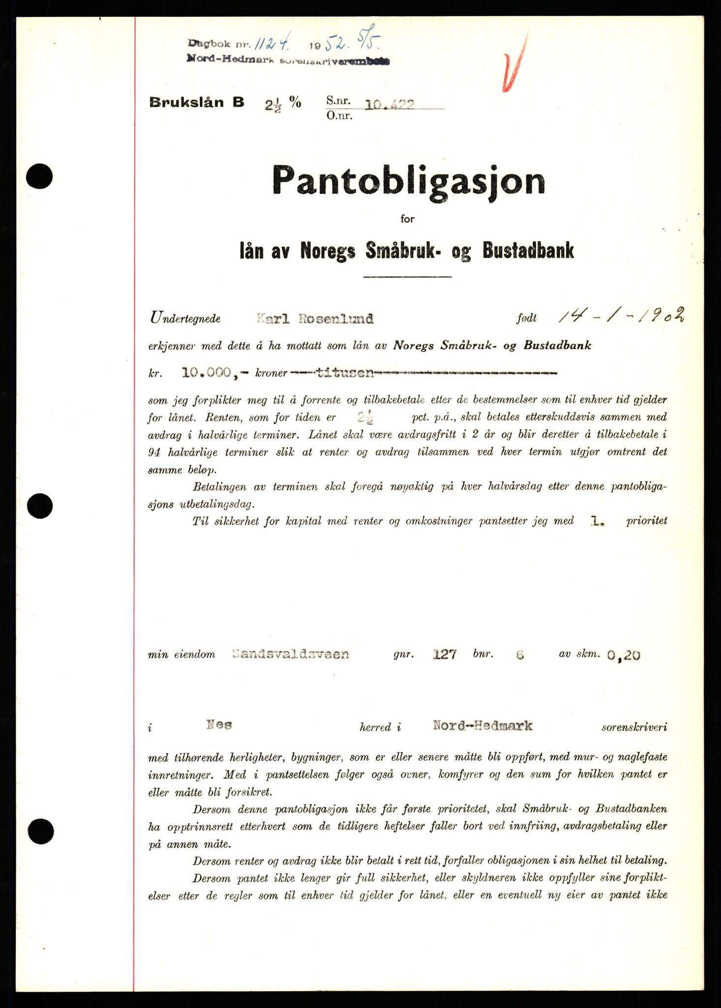 Nord-Hedmark sorenskriveri, SAH/TING-012/H/Hb/Hbf/L0025: Pantebok nr. B25, 1952-1952, Dagboknr: 1124/1952