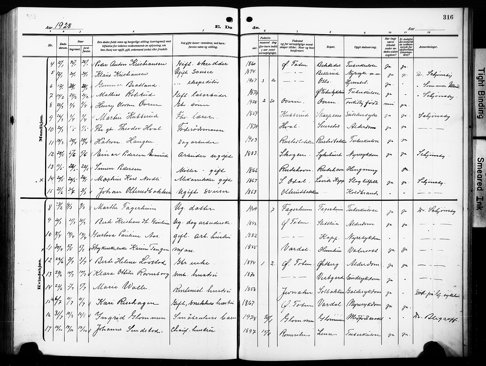 Østre Toten prestekontor, AV/SAH-PREST-104/H/Ha/Hab/L0010: Klokkerbok nr. 10, 1912-1933, s. 316