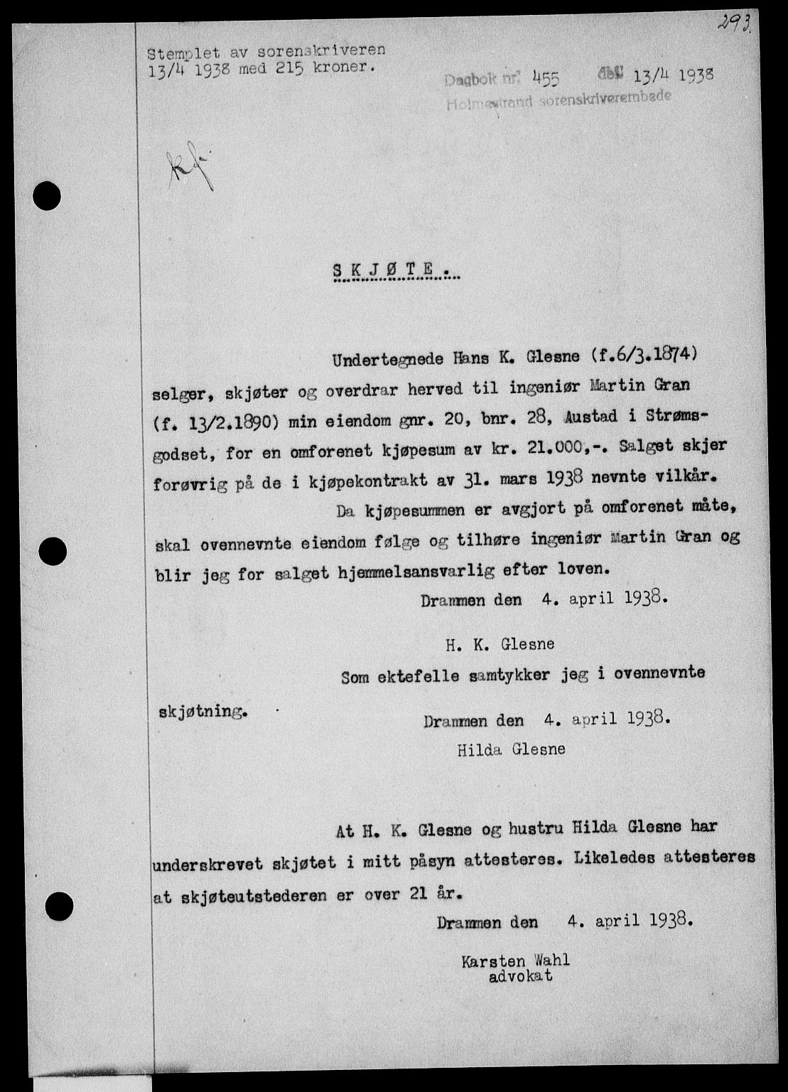 Holmestrand sorenskriveri, SAKO/A-67/G/Ga/Gaa/L0049: Pantebok nr. A-49, 1937-1938, Dagboknr: 455/1938