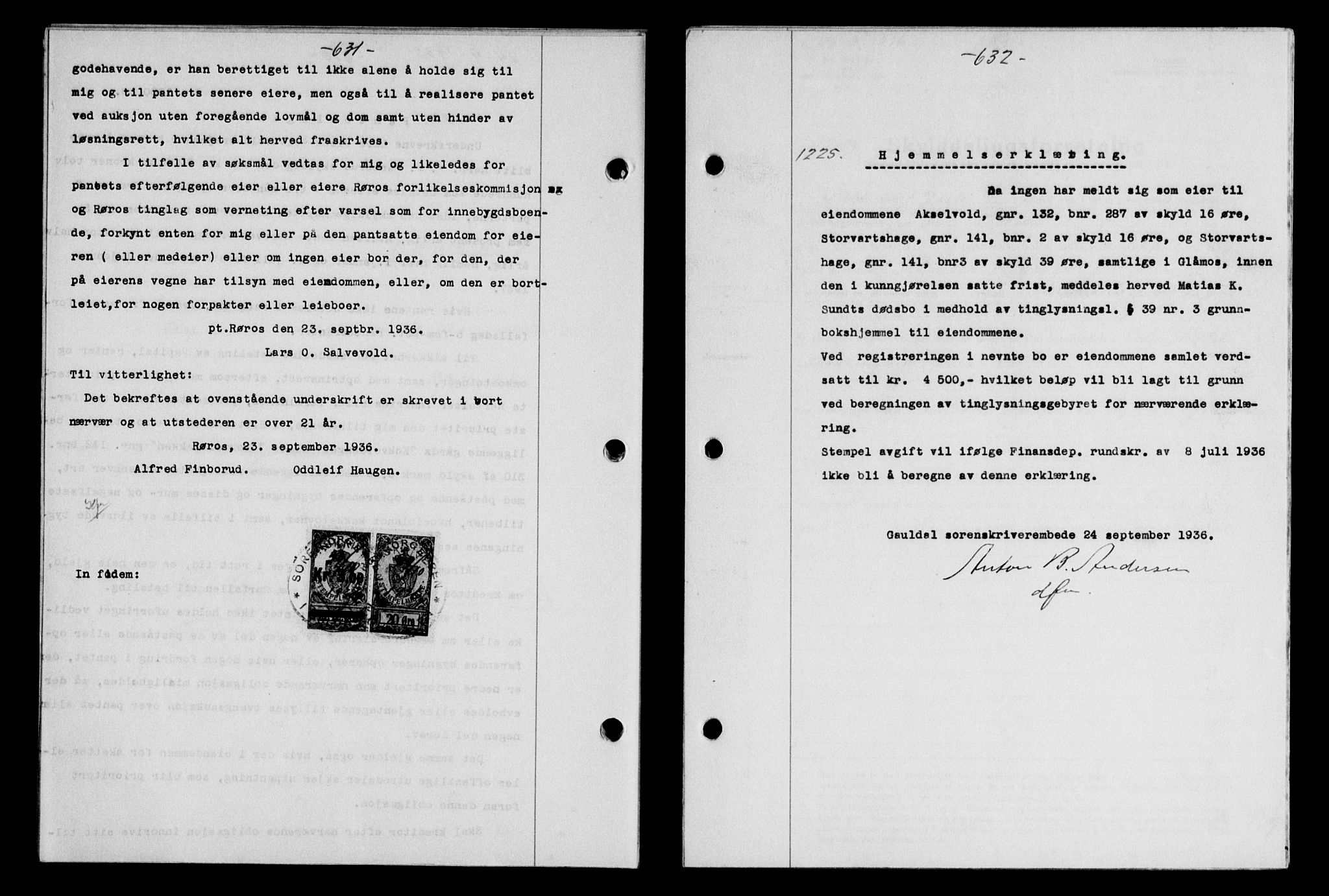 Gauldal sorenskriveri, SAT/A-0014/1/2/2C/L0046: Pantebok nr. 49-50, 1936-1937, Dagboknr: 1225/1936