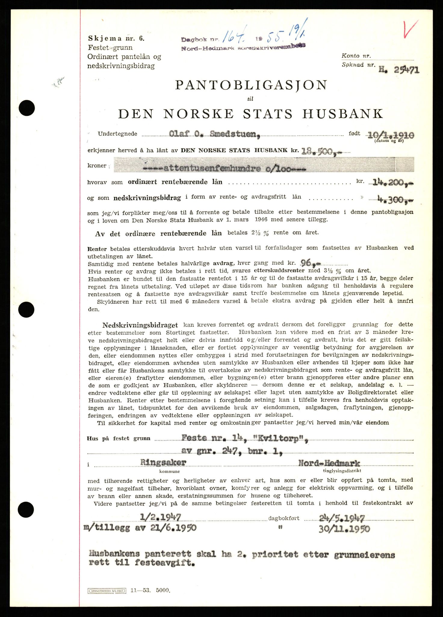 Nord-Hedmark sorenskriveri, SAH/TING-012/H/Hb/Hbf/L0032: Pantebok nr. B32, 1955-1955, Dagboknr: 164/1952