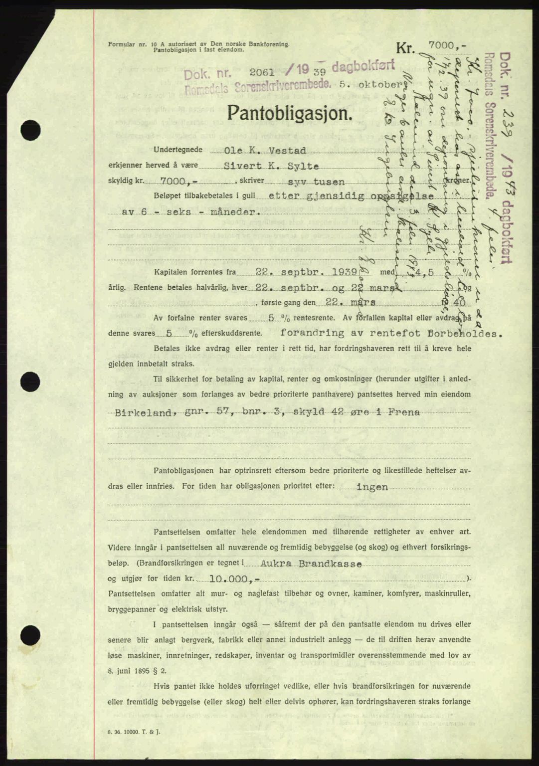 Romsdal sorenskriveri, SAT/A-4149/1/2/2C: Pantebok nr. B2, 1939-1945, Dagboknr: 2061/1939