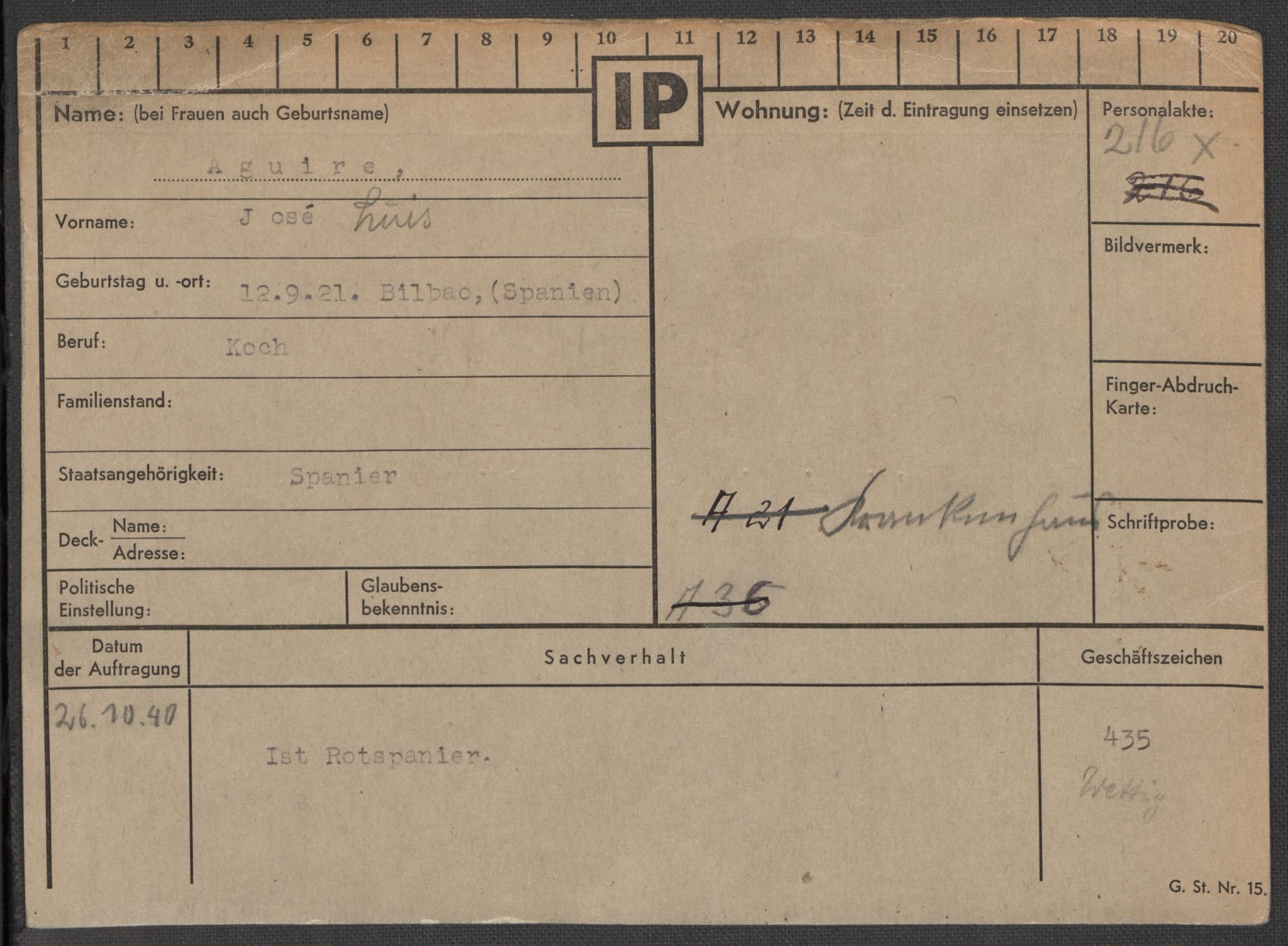 Befehlshaber der Sicherheitspolizei und des SD, AV/RA-RAFA-5969/E/Ea/Eaa/L0001: Register over norske fanger i Møllergata 19: A-Bj, 1940-1945, s. 38