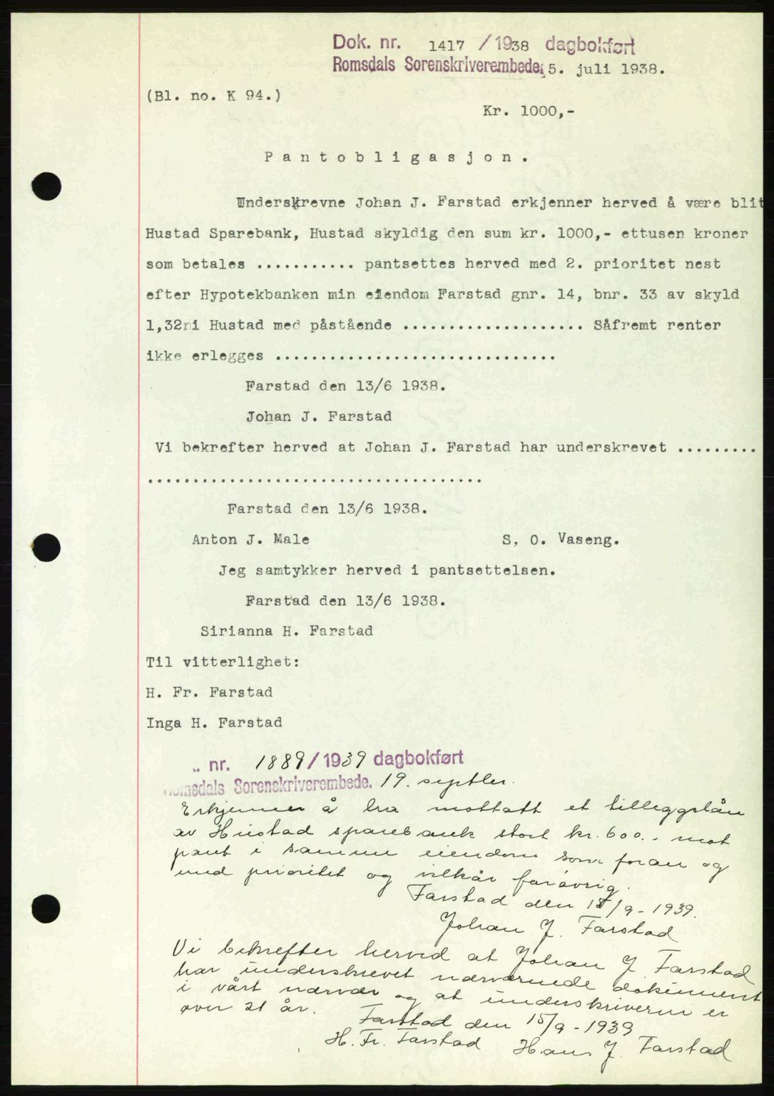Romsdal sorenskriveri, SAT/A-4149/1/2/2C: Pantebok nr. B1, 1936-1939, Dagboknr: 1417/1938