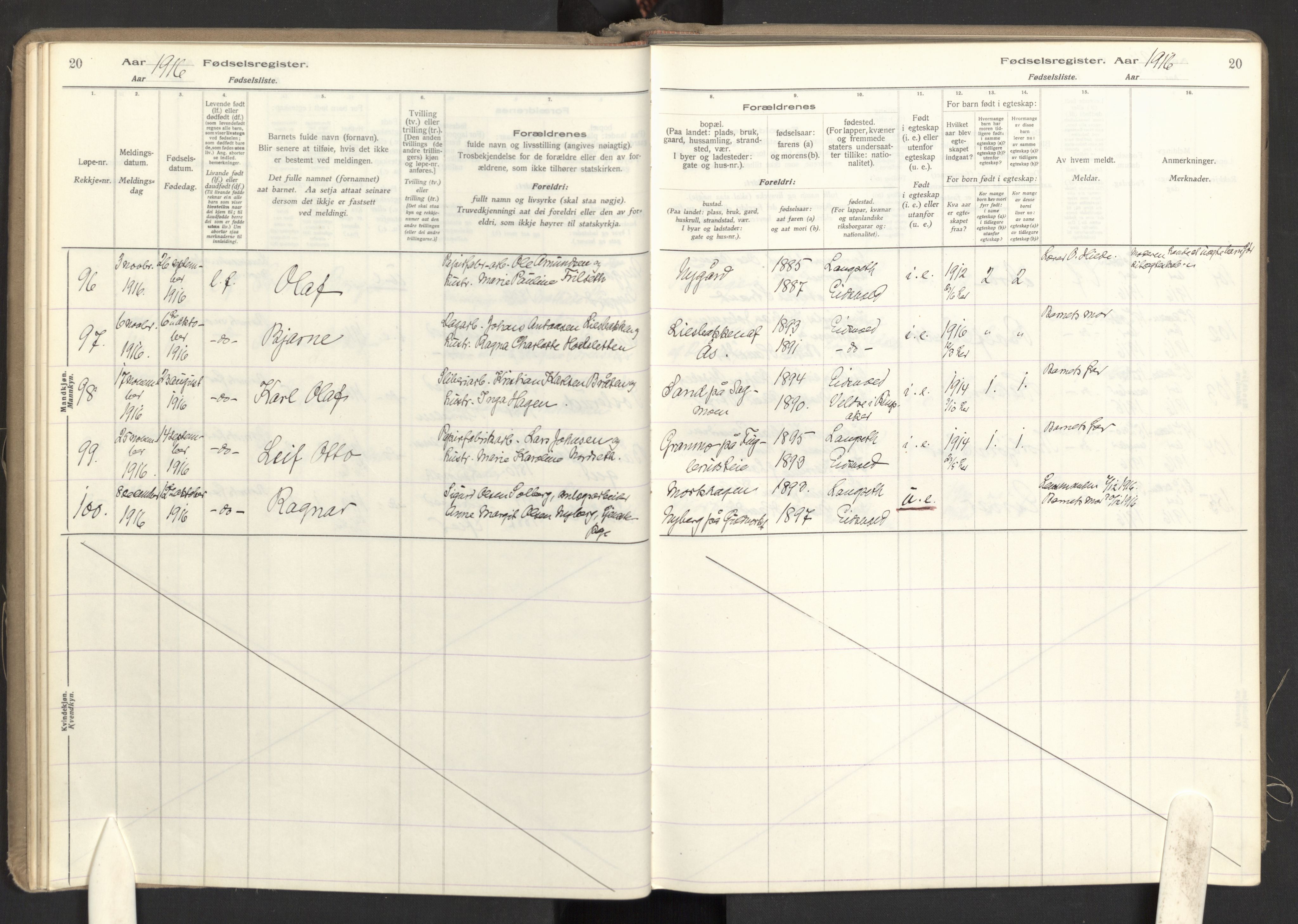 Eidsvoll prestekontor Kirkebøker, AV/SAO-A-10888/J/Ja/L0001: Fødselsregister nr. I 1, 1916-1924, s. 20