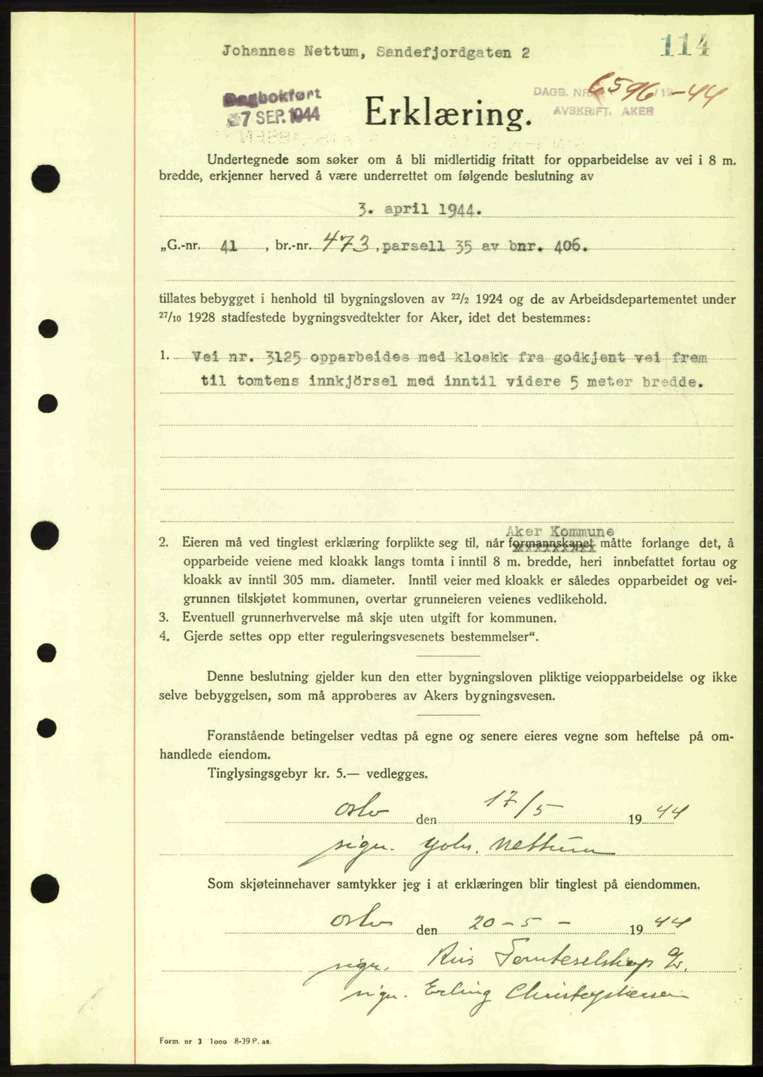 Aker herredsskriveri, SAO/A-10896/G/Gb/Gba/Gbac/L0035: Pantebok nr. B200-201, 1944-1944, Dagboknr: 6596/1944