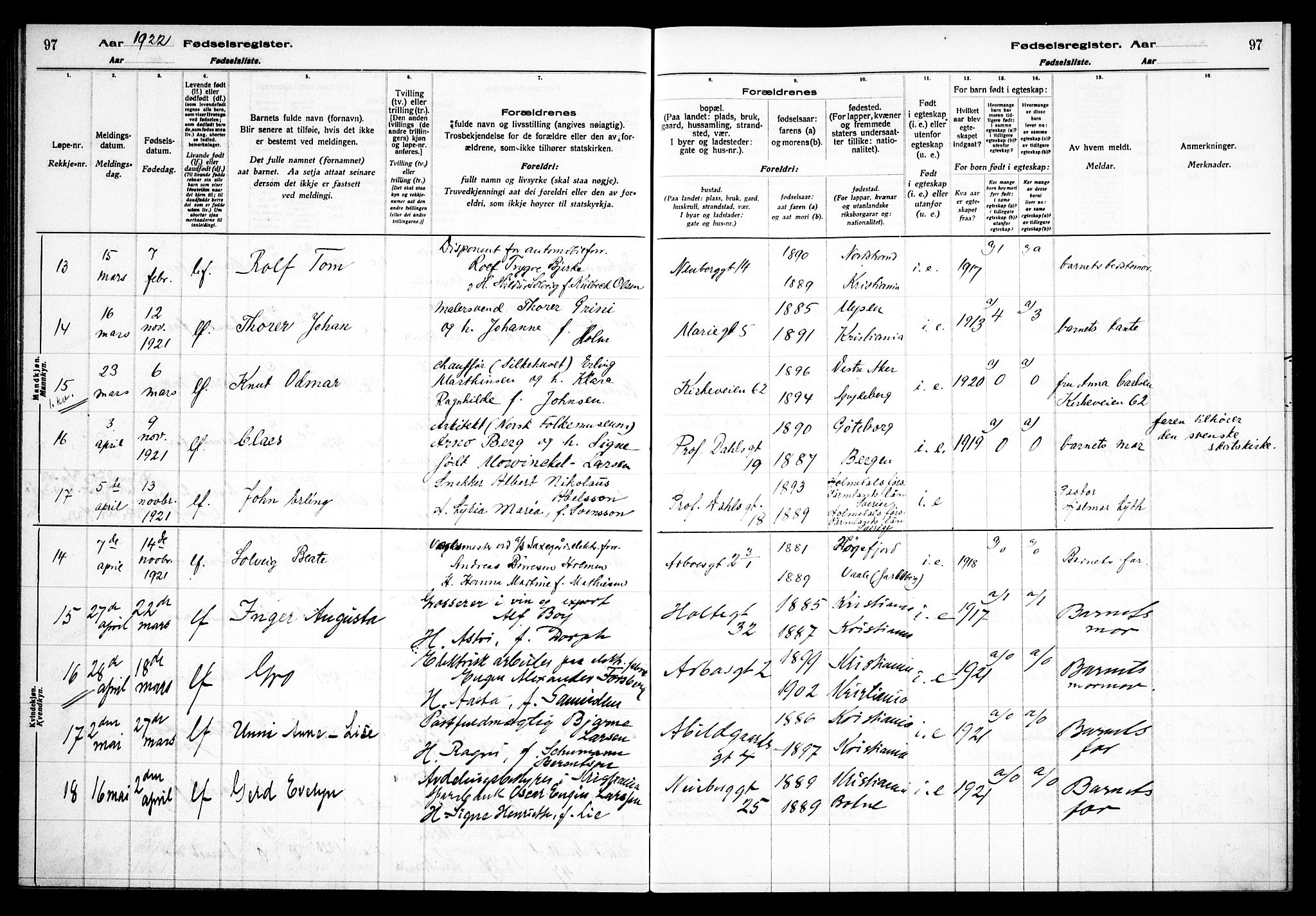 Uranienborg prestekontor Kirkebøker, AV/SAO-A-10877/J/Ja/L0001: Fødselsregister nr. 1, 1916-1930, s. 97