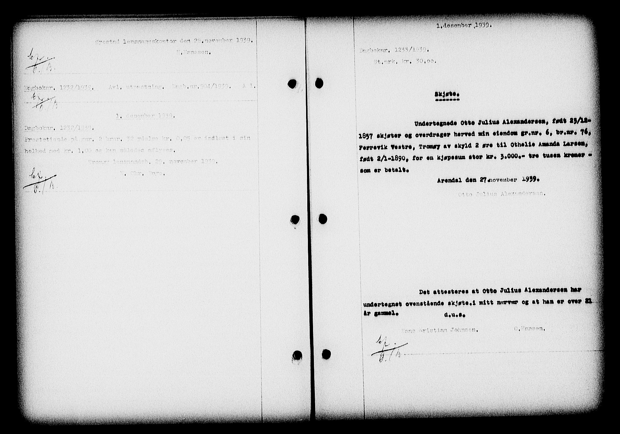 Nedenes sorenskriveri, AV/SAK-1221-0006/G/Gb/Gba/L0047: Pantebok nr. A-I, 1939-1940, Dagboknr: 1233/1939