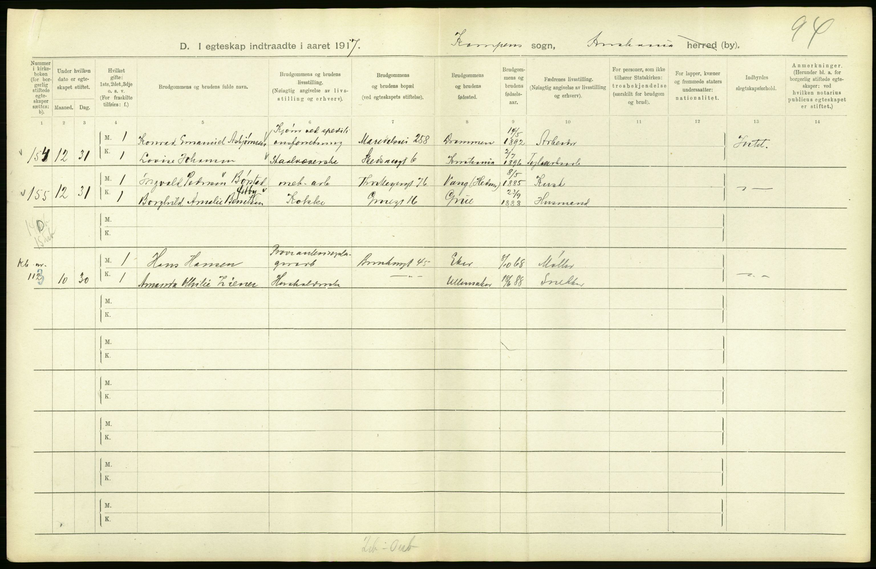 Statistisk sentralbyrå, Sosiodemografiske emner, Befolkning, AV/RA-S-2228/D/Df/Dfb/Dfbg/L0009: Kristiania: Gifte, 1917, s. 42