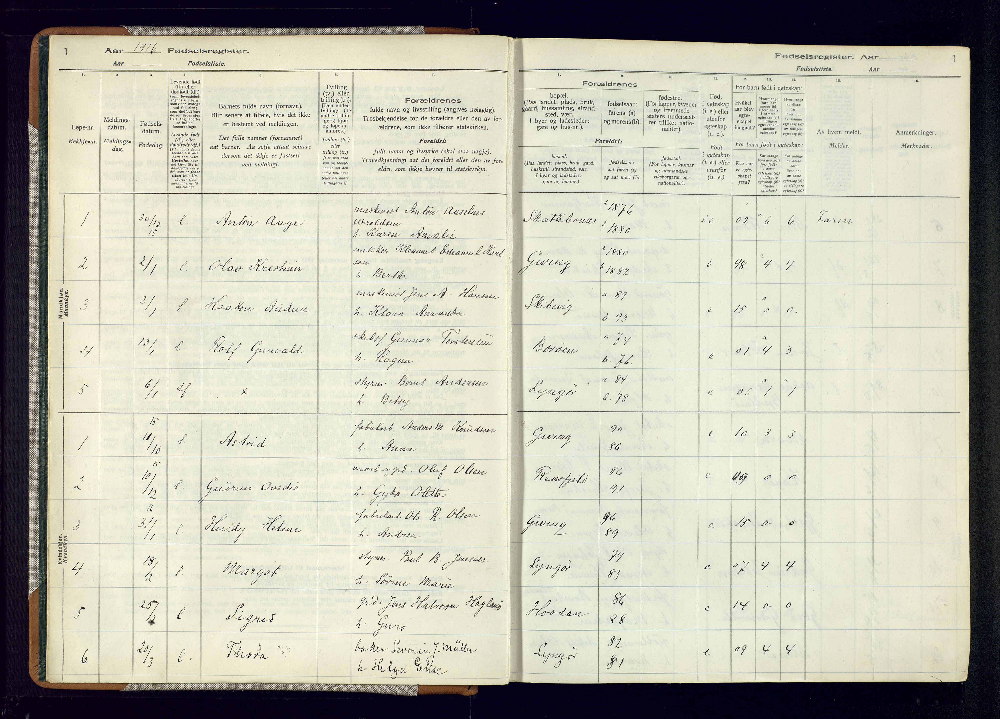 Dypvåg sokneprestkontor, SAK/1111-0007/J/Ja/L0001: Fødselsregister nr. II.4.3, 1916-1975, s. 1