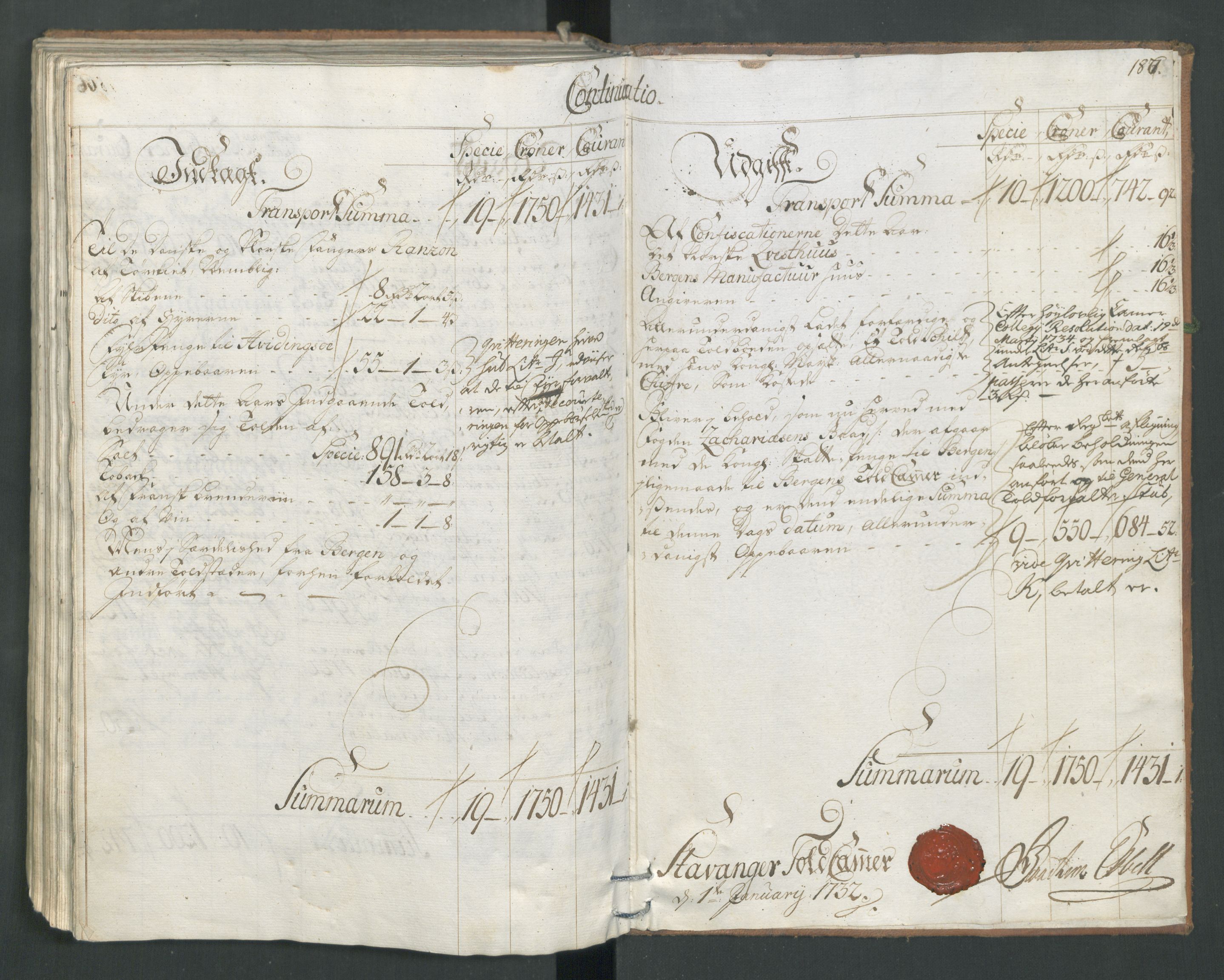 Generaltollkammeret, tollregnskaper, AV/RA-EA-5490/R22/L0011/0001: Tollregnskaper Stavanger / Hovedtollbok, 1731, s. 186b-187a