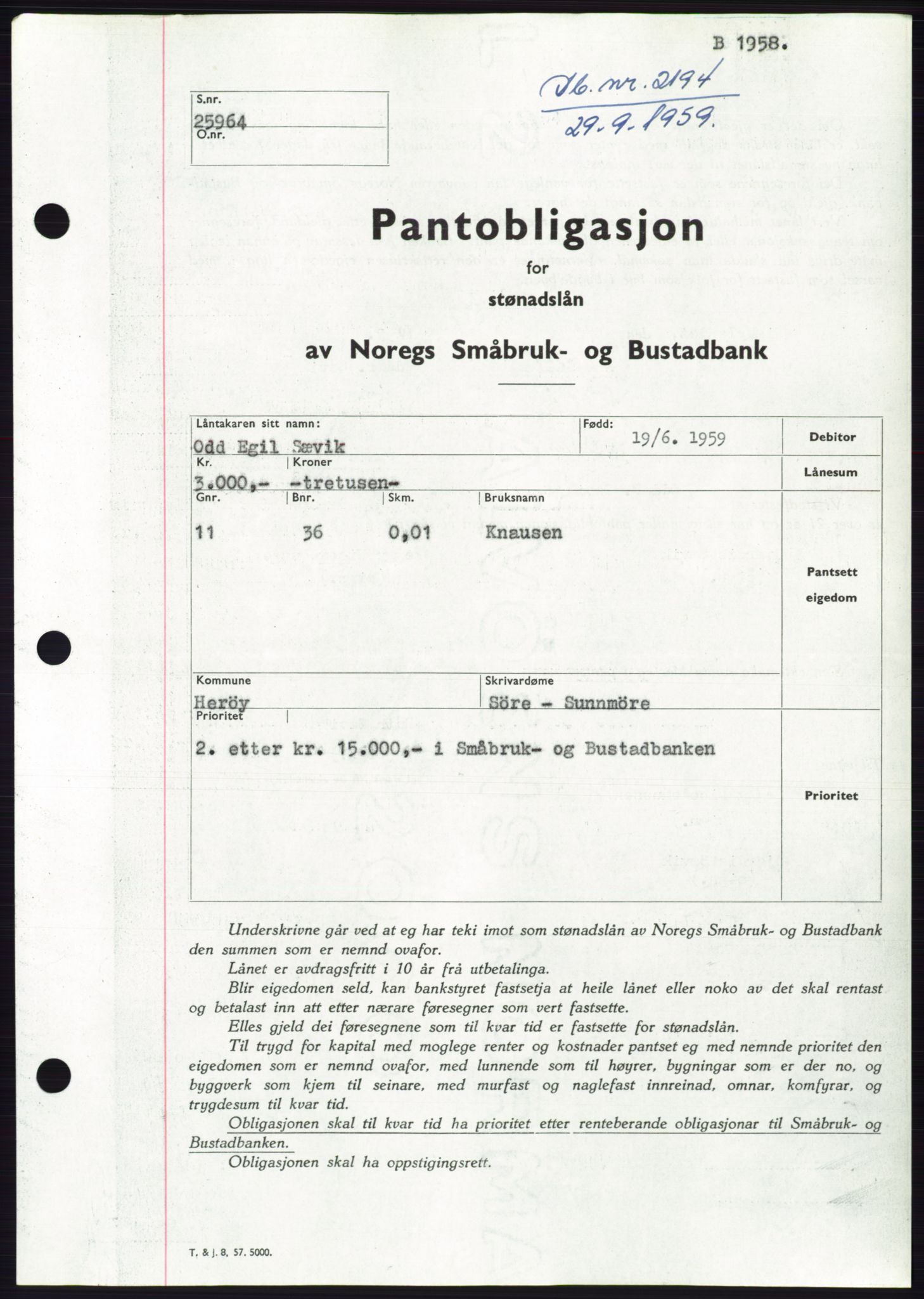 Søre Sunnmøre sorenskriveri, SAT/A-4122/1/2/2C/L0133: Pantebok nr. 21B, 1959-1959, Dagboknr: 2194/1959