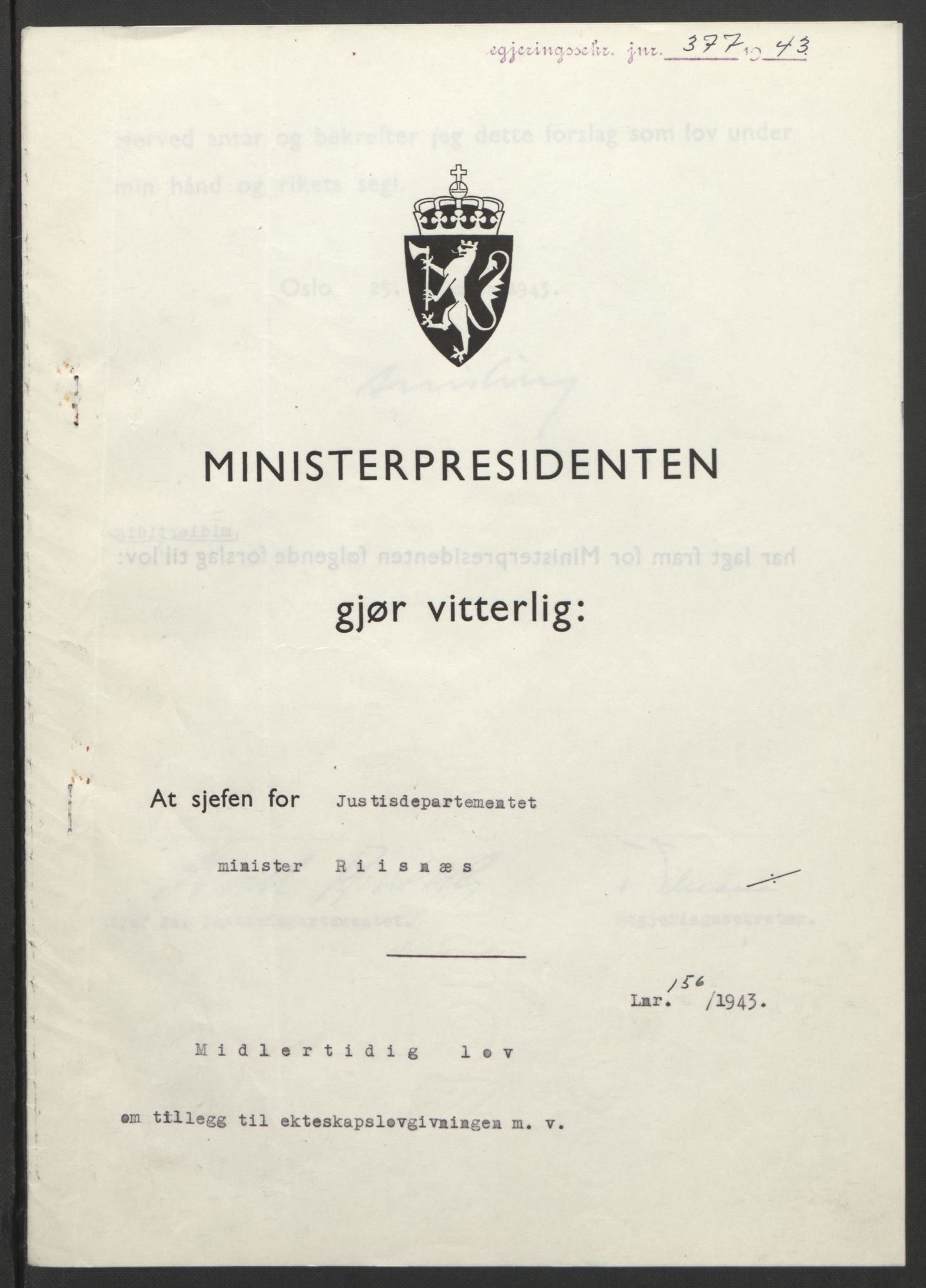 NS-administrasjonen 1940-1945 (Statsrådsekretariatet, de kommisariske statsråder mm), AV/RA-S-4279/D/Db/L0099: Lover, 1943, s. 739