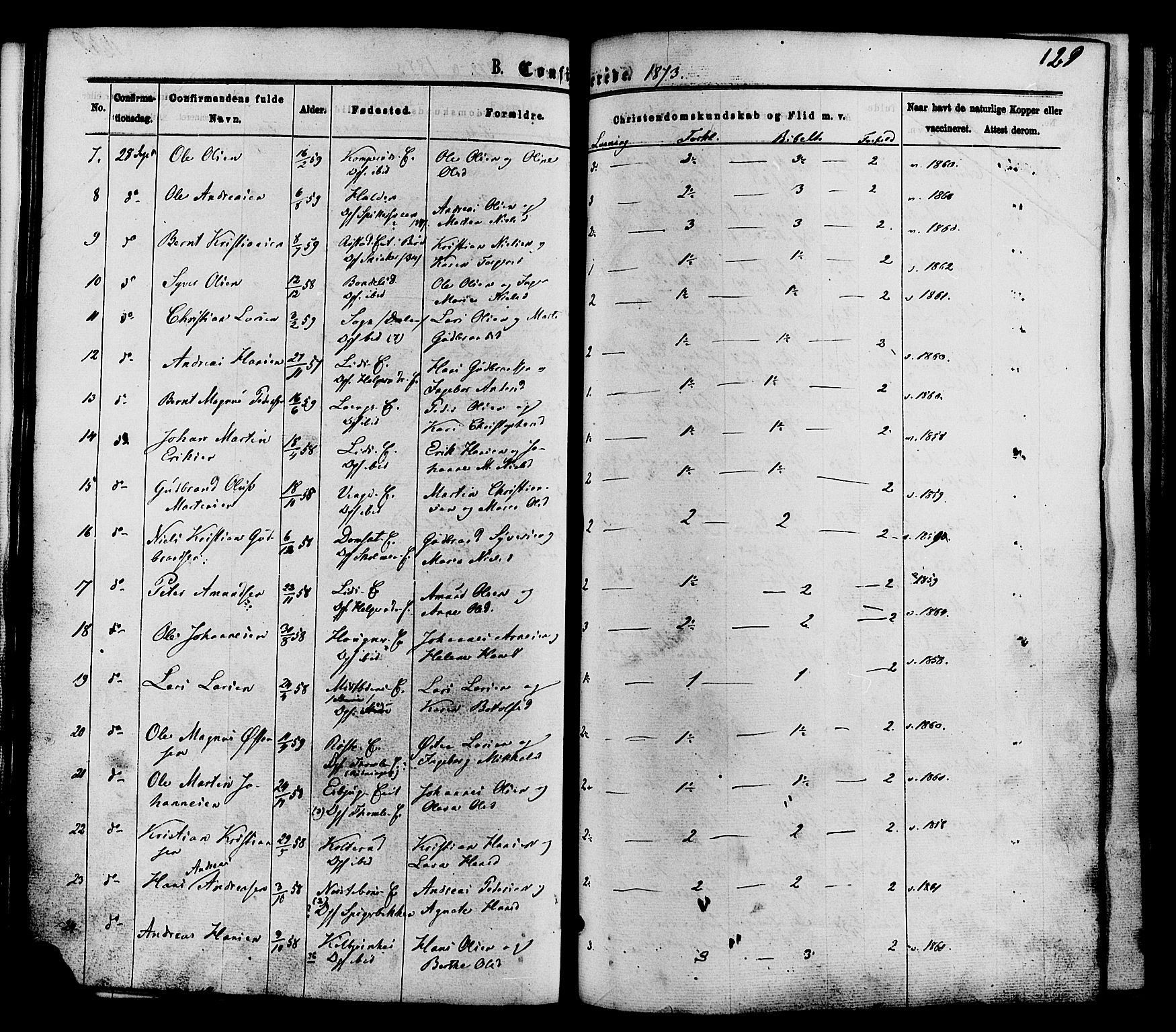 Nordre Land prestekontor, AV/SAH-PREST-124/H/Ha/Haa/L0002: Ministerialbok nr. 2, 1872-1881, s. 129