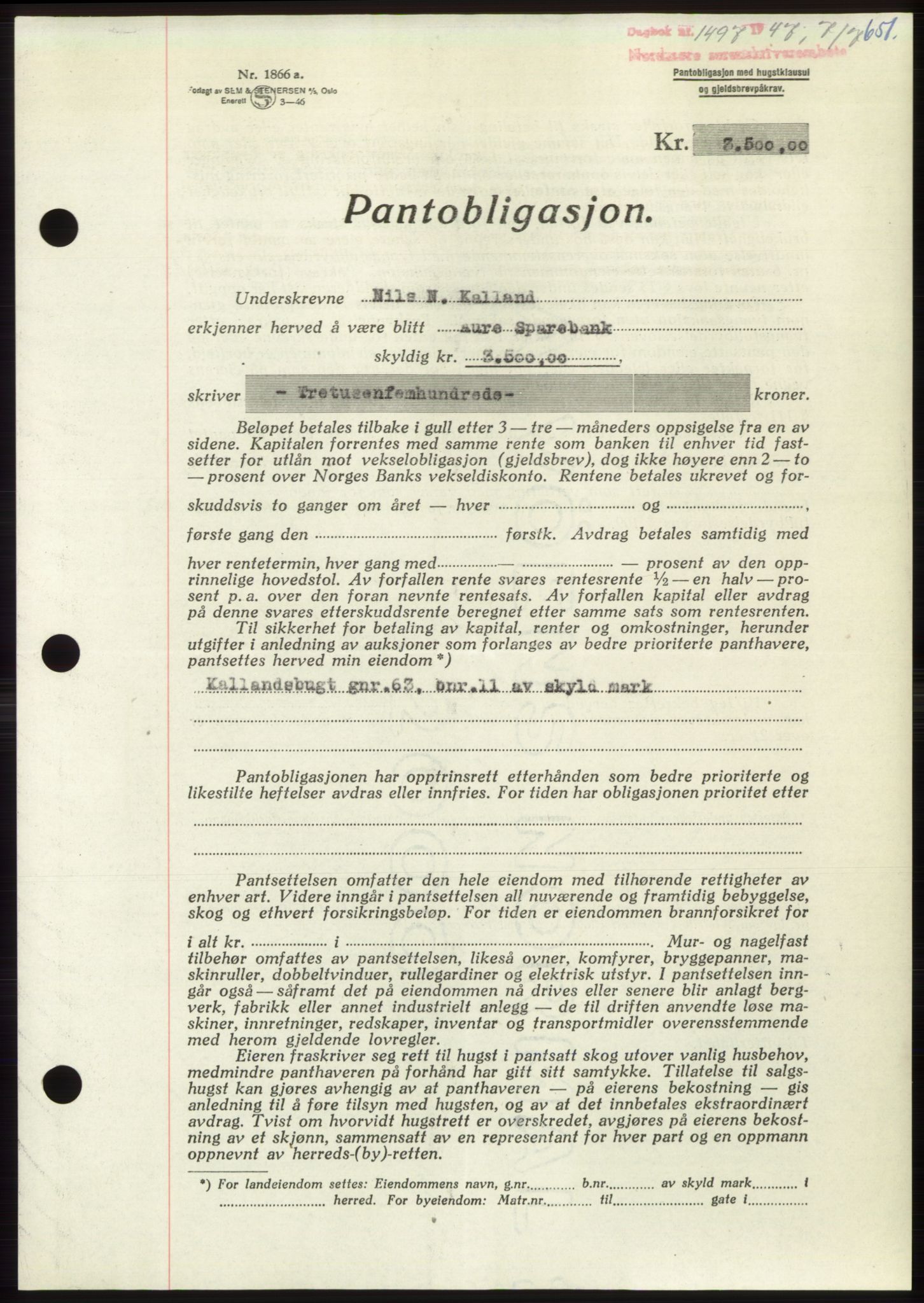 Nordmøre sorenskriveri, AV/SAT-A-4132/1/2/2Ca: Pantebok nr. B96, 1947-1947, Dagboknr: 1497/1947