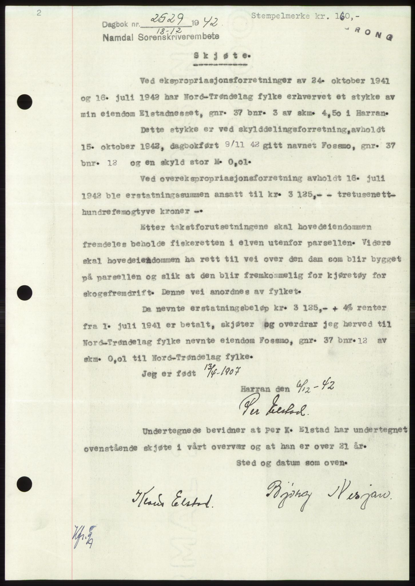 Namdal sorenskriveri, SAT/A-4133/1/2/2C: Pantebok nr. -, 1942-1943, Dagboknr: 2529/1942