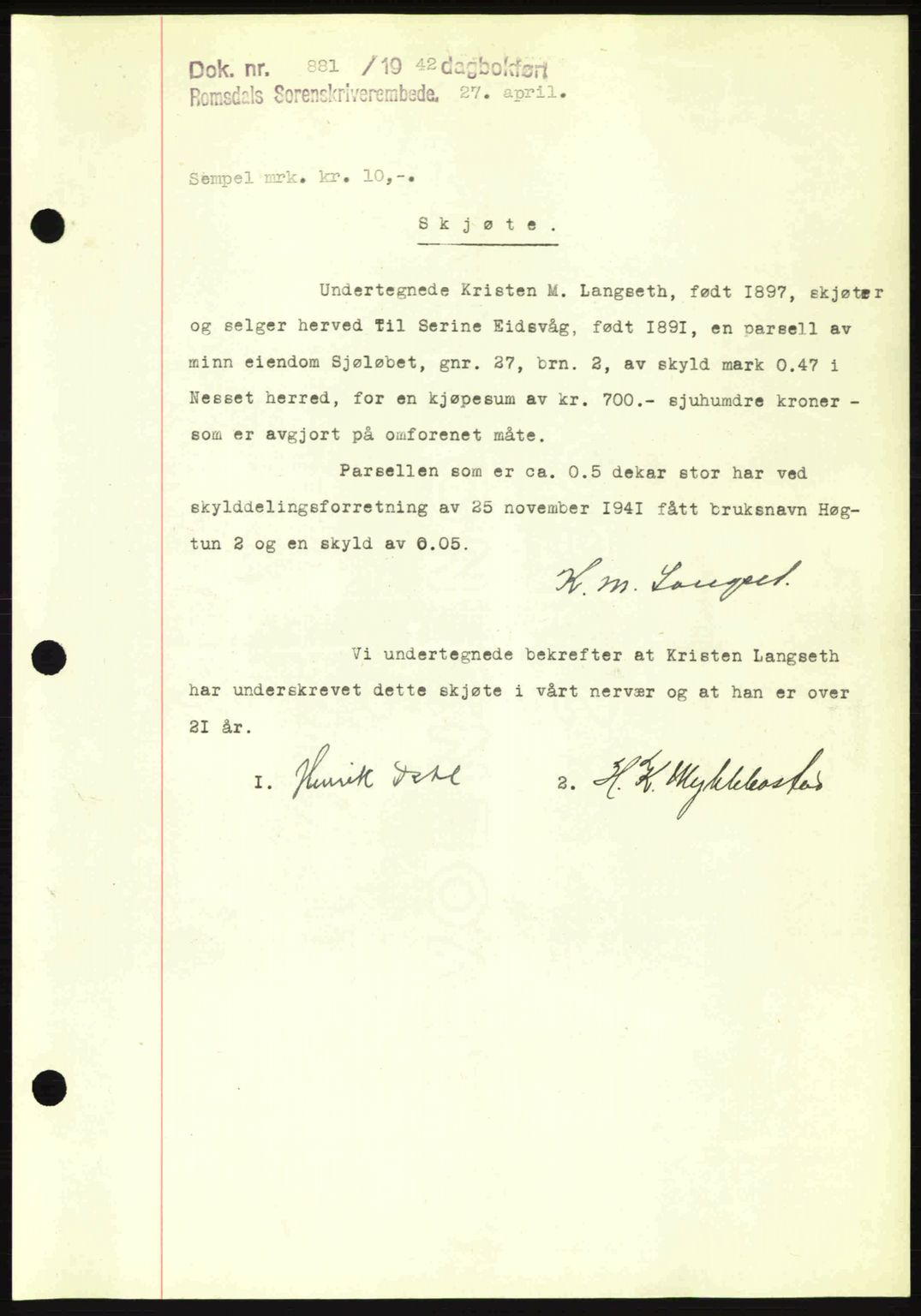 Romsdal sorenskriveri, SAT/A-4149/1/2/2C: Pantebok nr. A12, 1942-1942, Dagboknr: 881/1942
