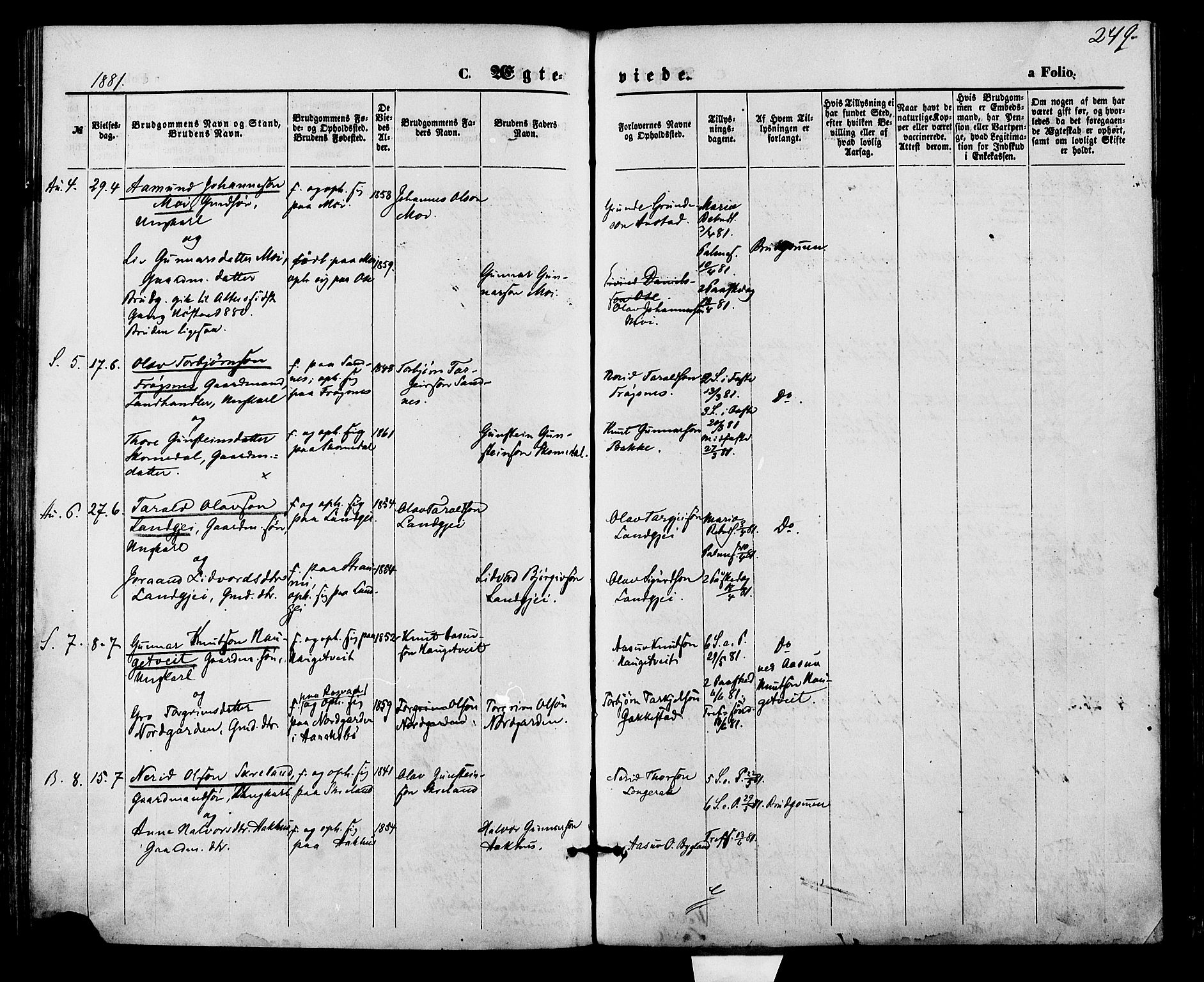 Bygland sokneprestkontor, AV/SAK-1111-0006/F/Fa/Fab/L0006: Ministerialbok nr. A 6, 1873-1884, s. 249