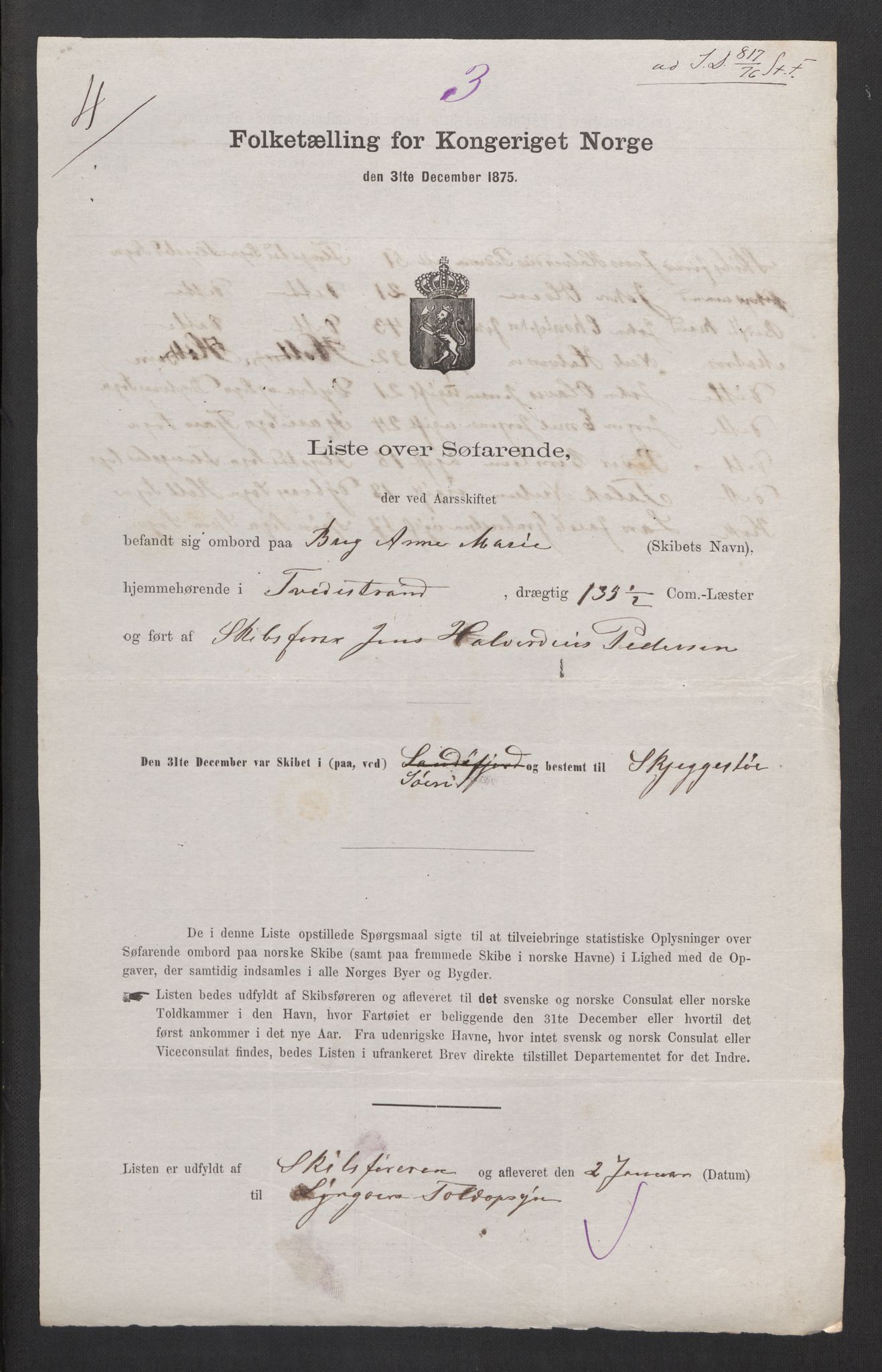 RA, Folketelling 1875, skipslister: Skip i innenrikske havner, hjemmehørende i byer og ladesteder, 1875, s. 318